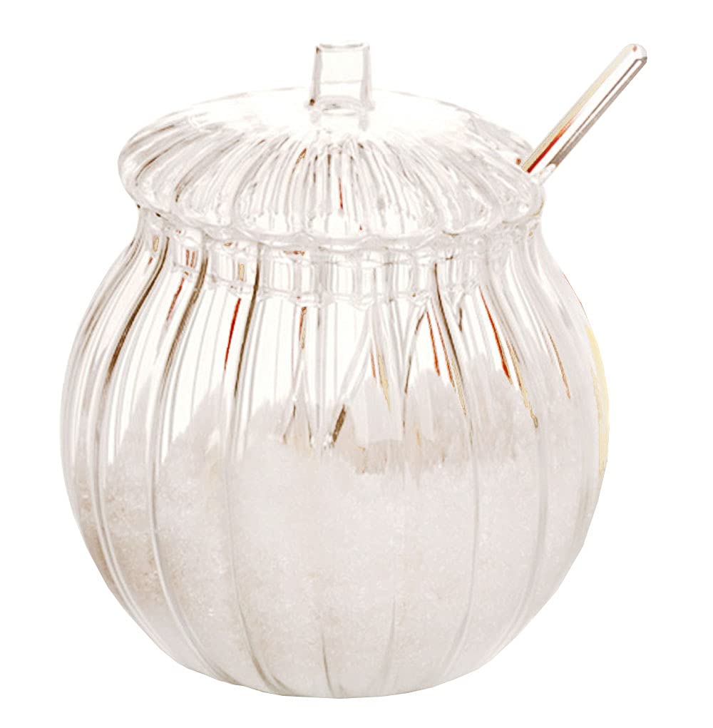 Clear Glass Striped Sugar Bowl with Lid and Spoon - Perfect for Coffee, Tea, and Kitchen Seasoning Storage