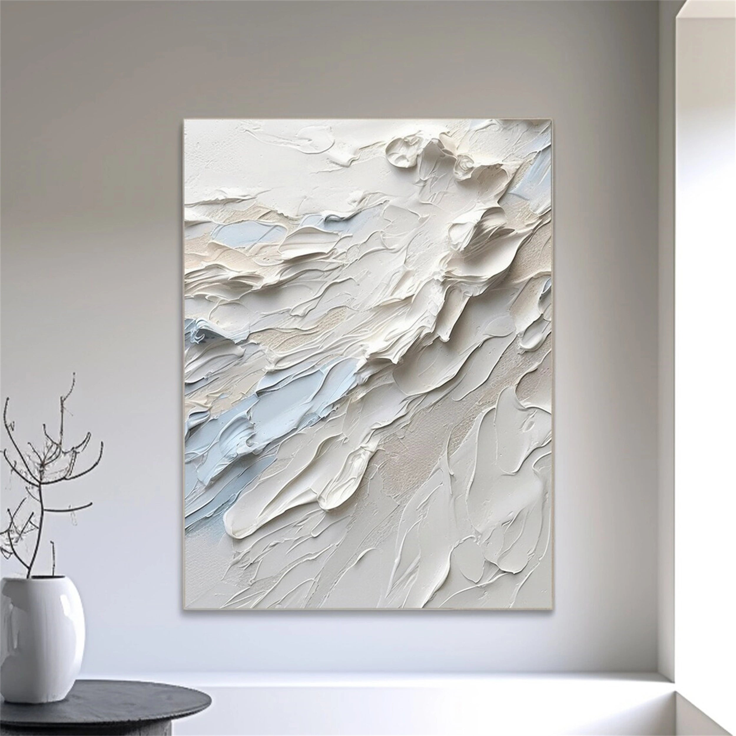 White Minimalist Textured Painting Canvas - Premium Abstract Wall Art for Modern Home Decor | Perfect for Living Room, Bedroom & Office