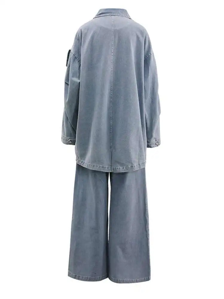 Big Size Denim Jacket & Wide Leg Pants Two-Piece Suit for Women - 2025 Spring Autumn Fashion Trend with Lapel Design (CPG1716) | Perfect for Casual Outings, Office Wear & Street Style