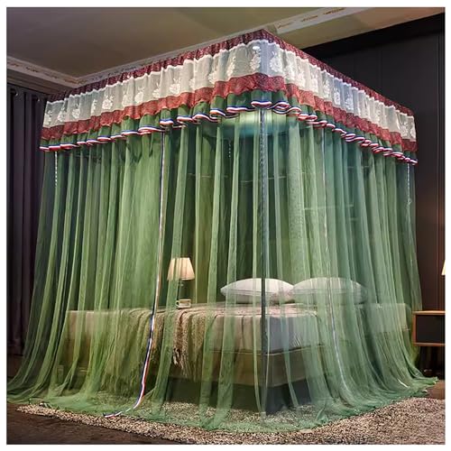 Stainless Steel Bed Canopy Frame with 4 Corner Posts - Queen Size Green Bed Curtain Canopy for Adults | Perfect for Bedroom Decor, Privacy & Romantic Ambiance