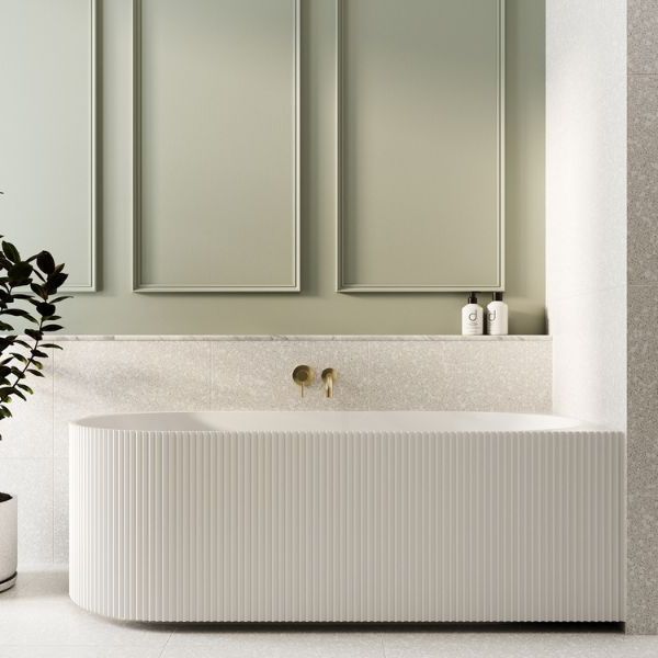 1500mm Fluted Back to Corner Bath - Matte White Freestanding Soaking Tub for Modern Bathroom Relaxation