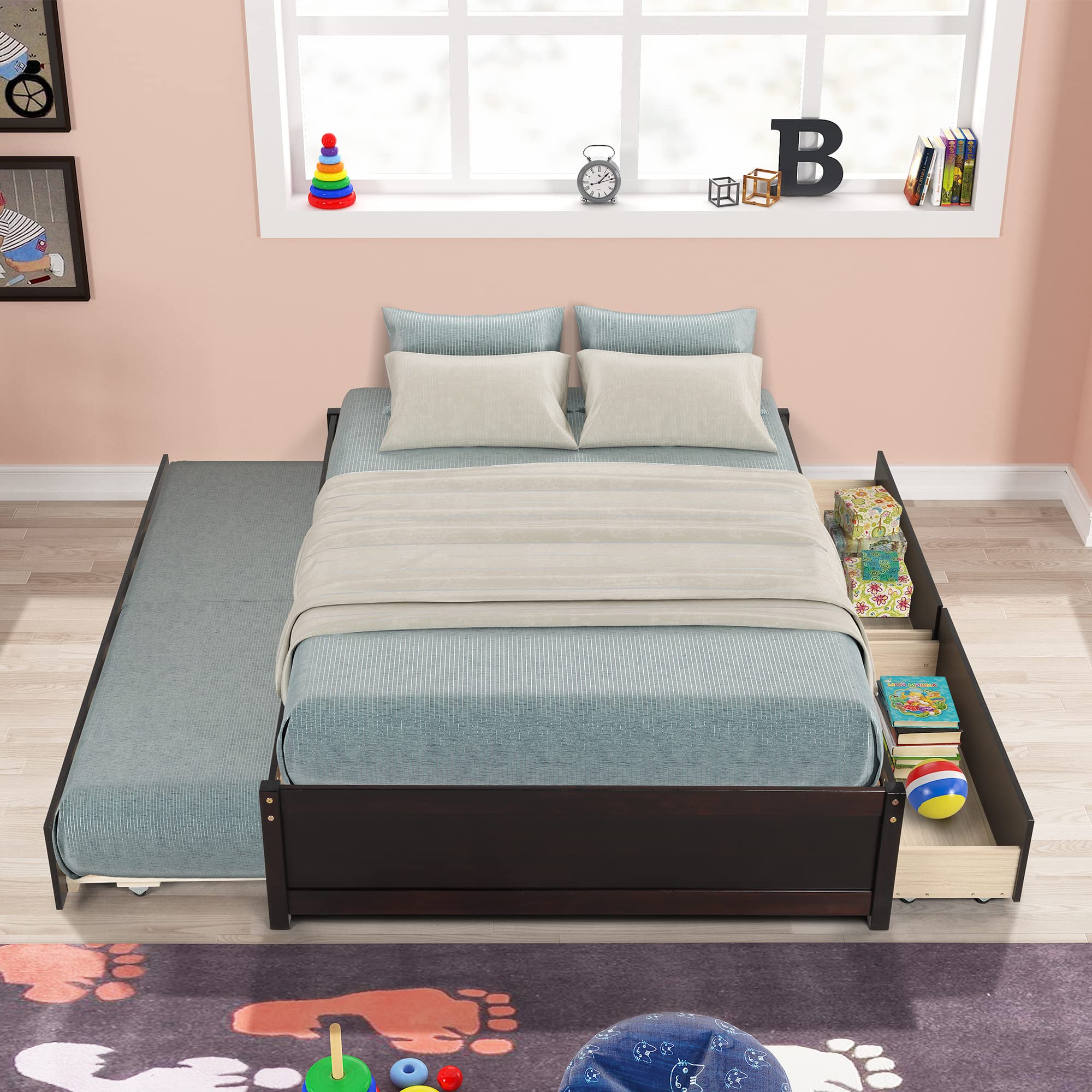 **Espresso Wood Platform Bed Frame with Trundle & Storage Drawers - Full Size Captain Bed for Kids, Teens & Adults - Perfect for Small Bedrooms, Guest Rooms & Dormitories**