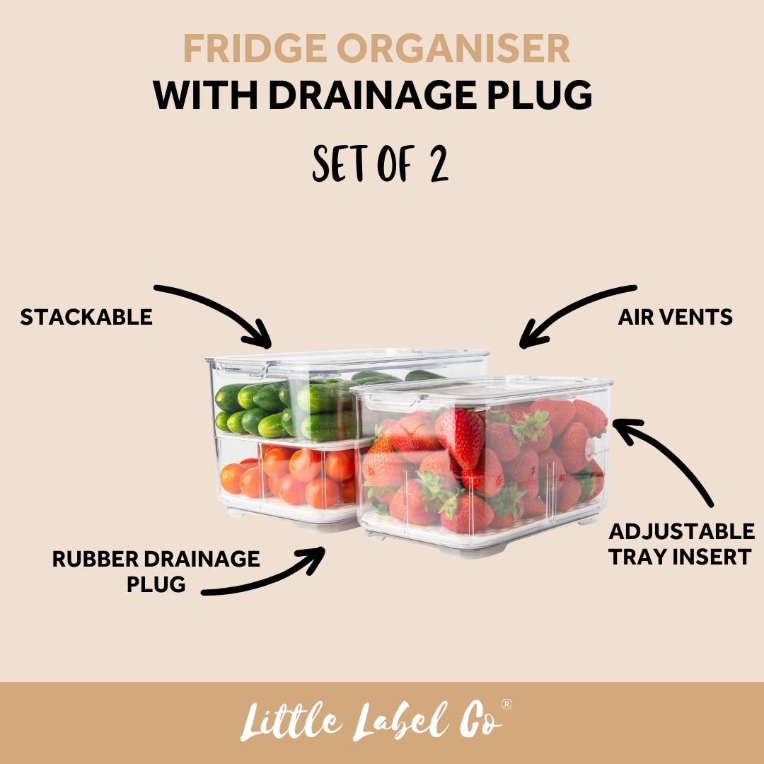 2-Pack Fridge Organizer Bins with Drainage Plug - Clear Plastic Refrigerator Storage Containers for Fruits, Vegetables & Leftovers - Perfect for Kitchen, Pantry & Meal Prep Organization