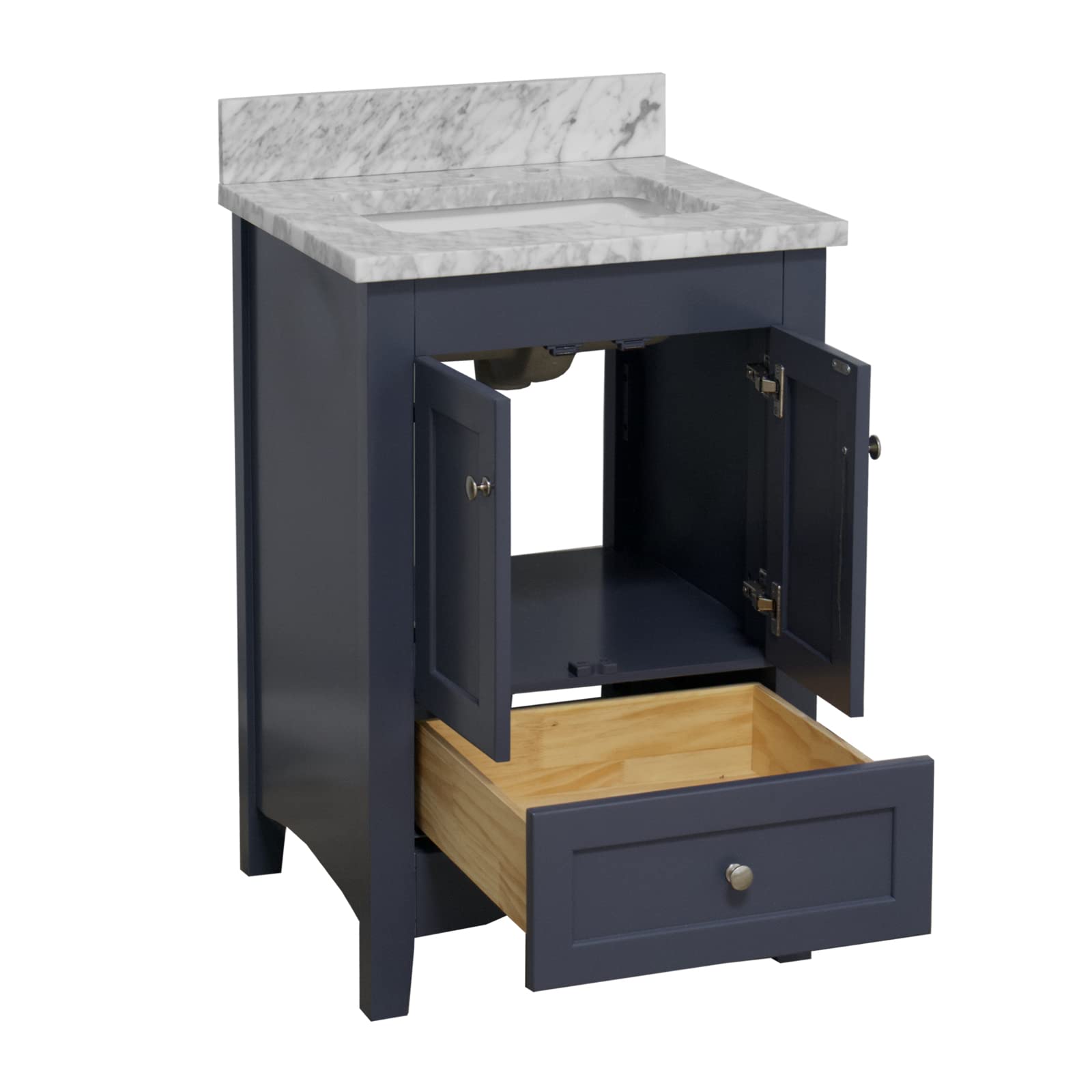 24-Inch Bathroom Vanity with Carrara Marble Top – Marine Gray Cabinet & White Ceramic Sink | Modern Bathroom Storage Solution for Small Spaces | Perfect for Apartments, Guest Bathrooms & Powder Rooms