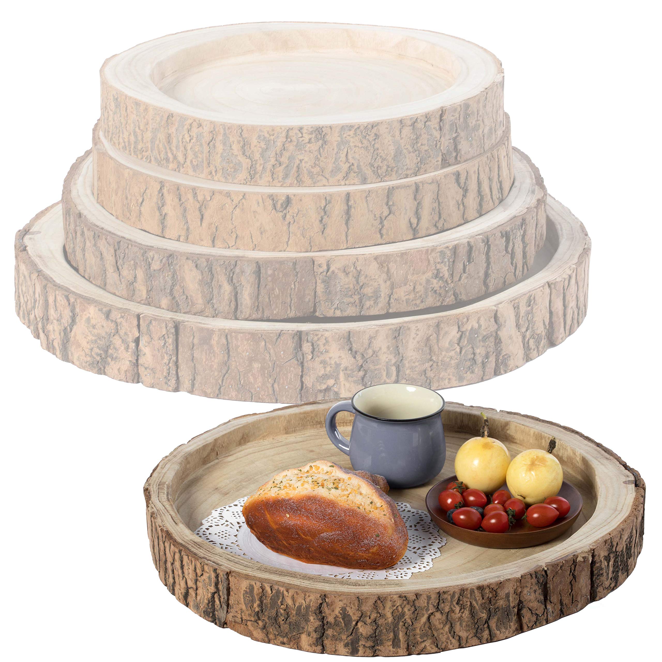 Natural Wood Tree Bark Indented Display Tray - Set of 4 Rustic Serving Plates for Charcuterie, Cheese, Desserts | Perfect for Farmhouse Weddings, Holiday Parties & Home Decor
