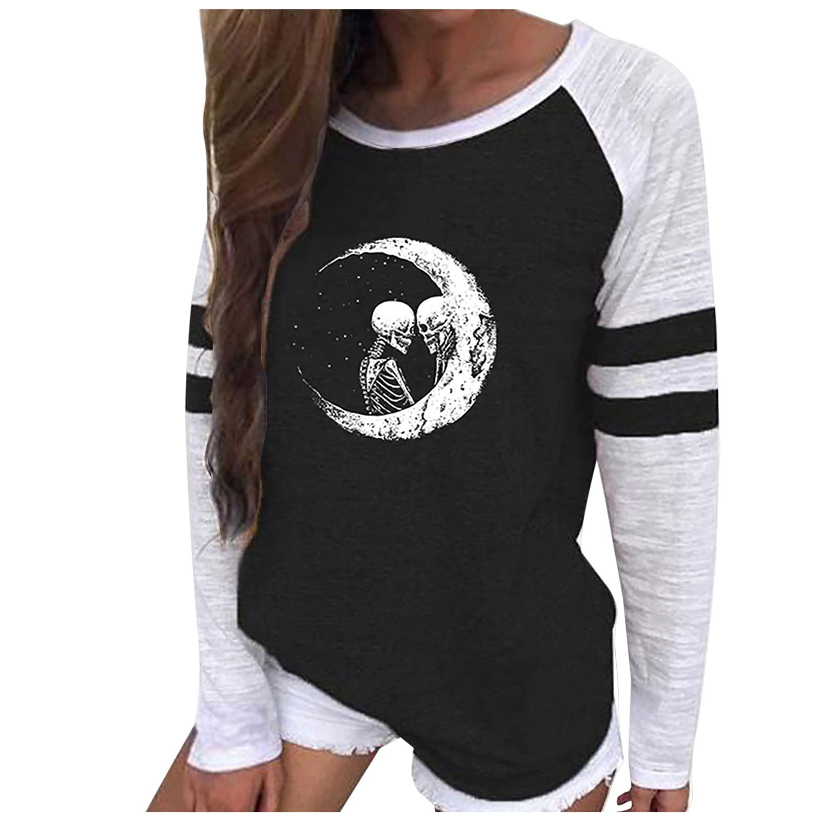 Women's Color Block Striped Long Sleeve Tunic Top with Skull Print - Funny Halloween Crew Neck Pullover Blouse for Casual Wear & Costume Parties