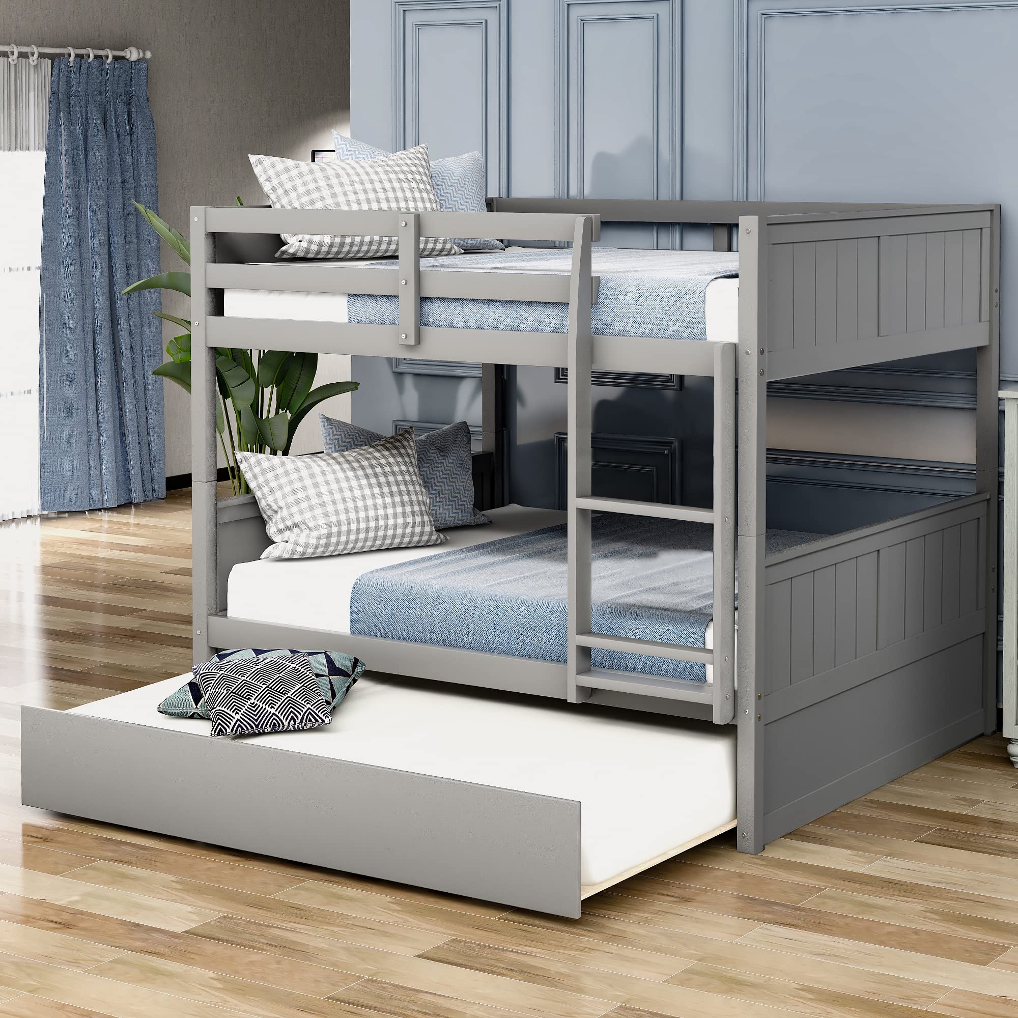 Full Over Full Bunk Bed Frame with Twin Trundle - No Box Spring Needed, Safety Guardrails for Teens, Kids, Boys & Girls | Perfect for Small Bedrooms, Dorms & Shared Kids Rooms