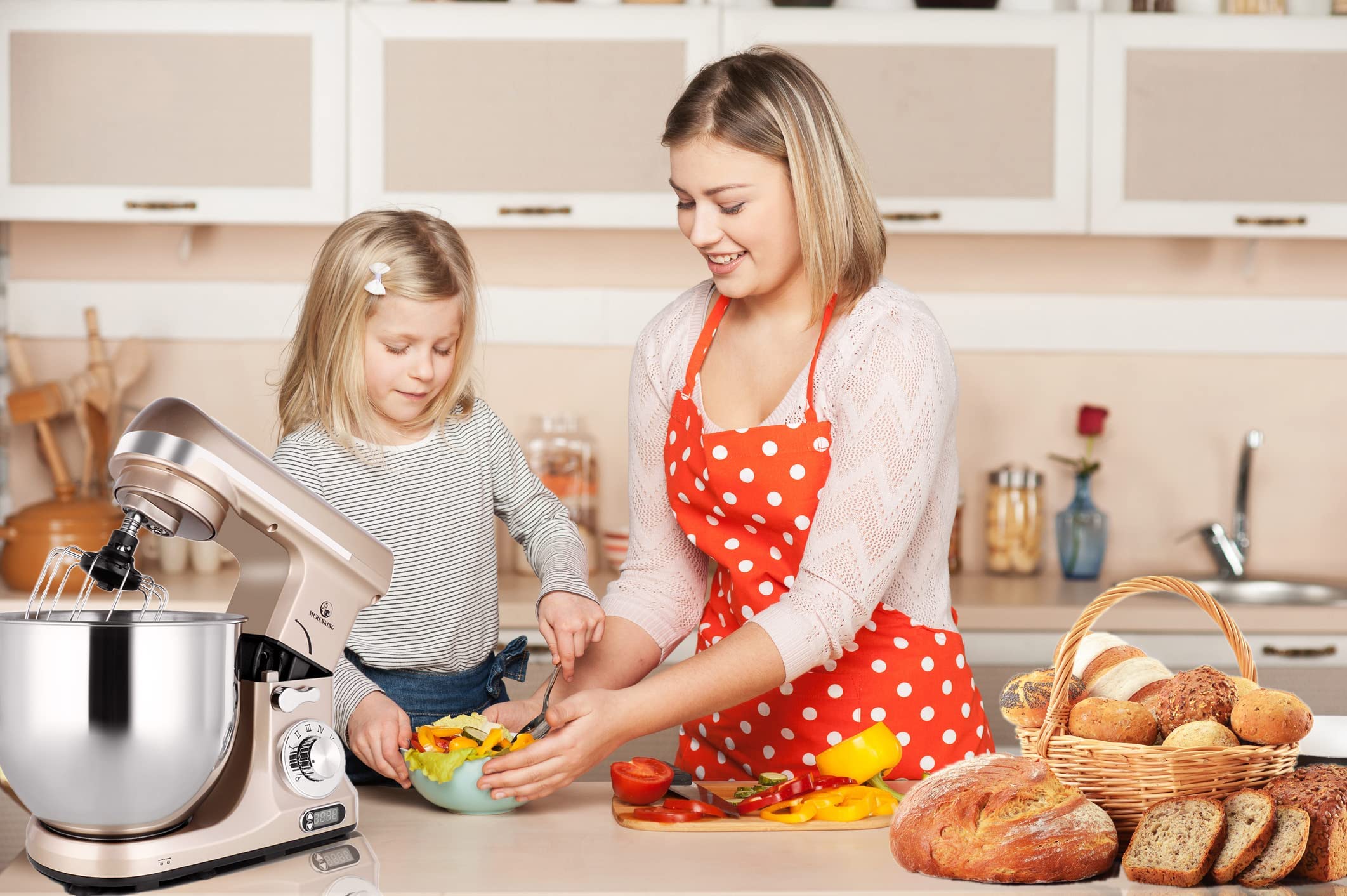 Professional 6-Qt Stand Mixer with Timer - 500W 6-Speed Tilt-Head Electric Kitchen Mixer, MK37 Model (Champagne) - Perfect for Baking, Dough Kneading & Cake Decorating