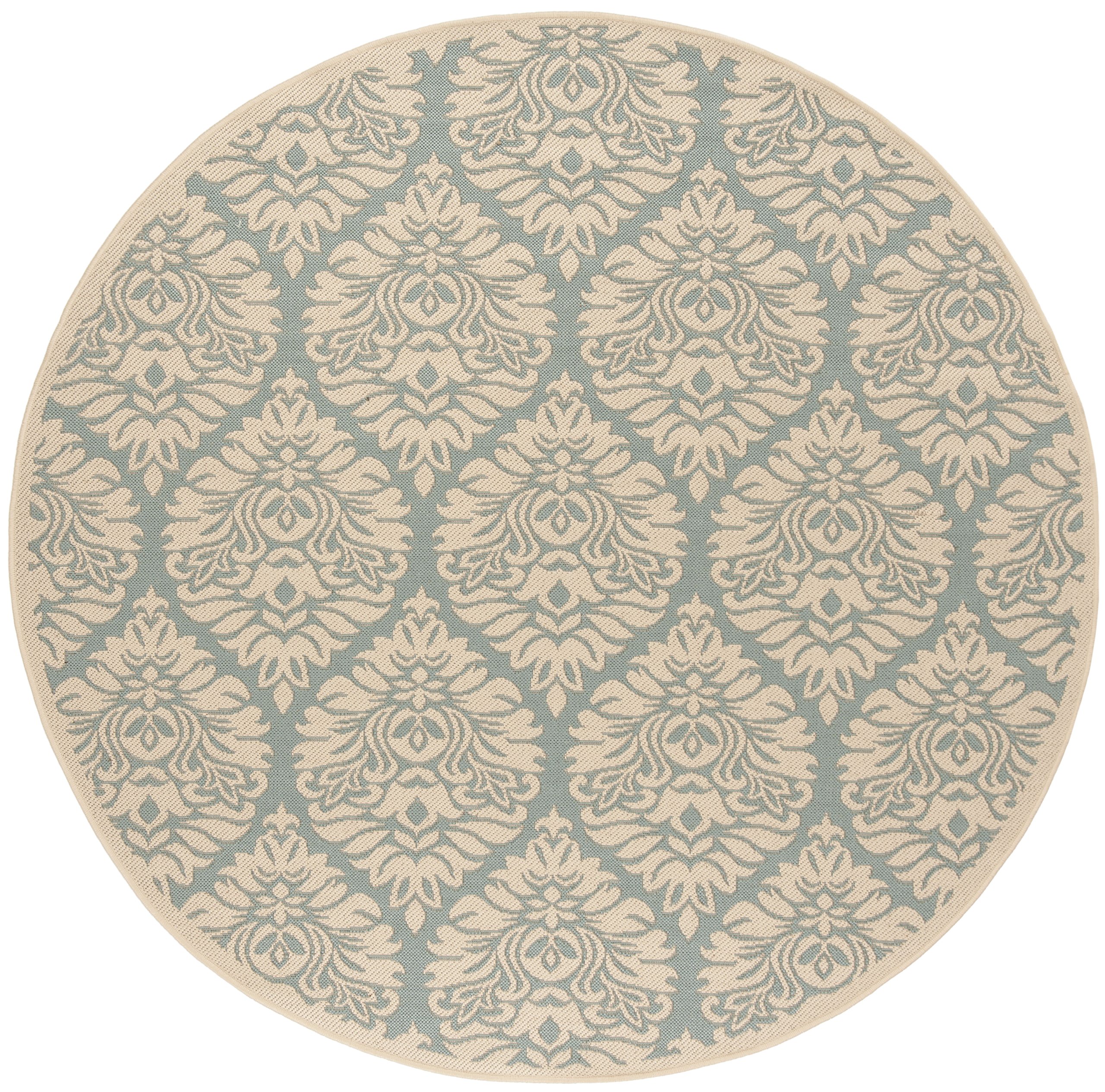 SAFAVIEH Linden Collection 6'7'' Round Aqua & Cream Area Rug - Indoor/Outdoor Non-Shedding Easy-Clean Damask Ogee Design - Perfect for Patio, Backyard, Porch, Deck & Mudroom Decor