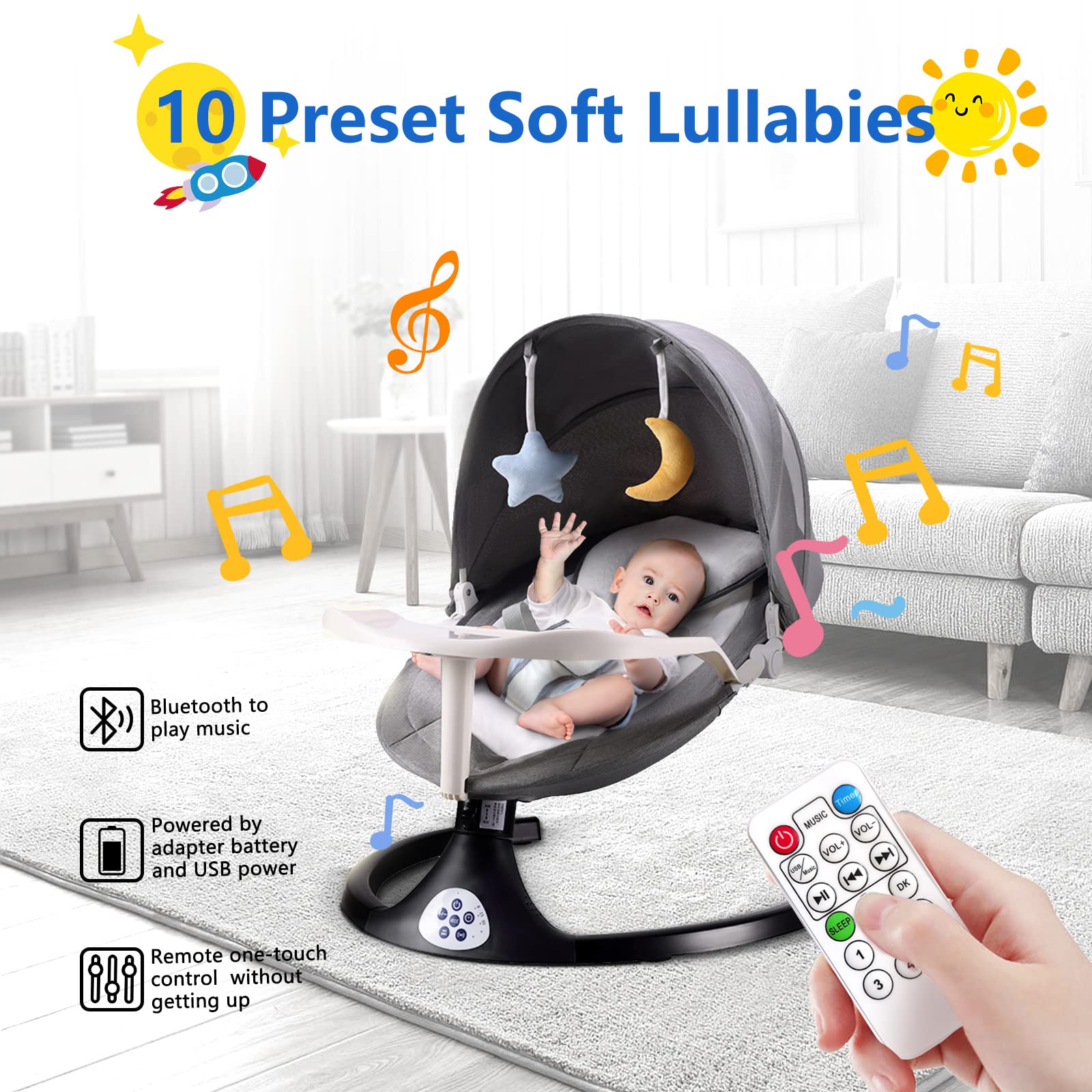 Electric Baby Swing for Infants 0-12 Months | 5-Speed Bluetooth Rocker with 3 Timer Settings & 10 Lullabies | Portable Newborn Swing with Removable Tray & Remote Control (5-26 lbs) | Perfect for Nursery, Travel & Soothing Fussy Babies