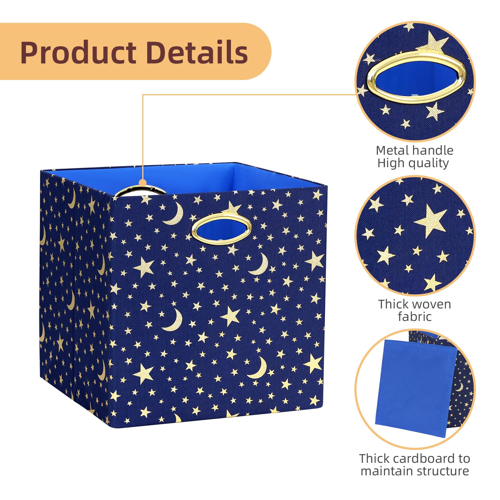 13x13x13 Collapsible Fabric Storage Cube Bins - 4 Pack Navy Blue & Gold Organizer Baskets for Shelves, Closet, Wardrobe, Bookshelf | Space-Saving Home & Office Storage Solution