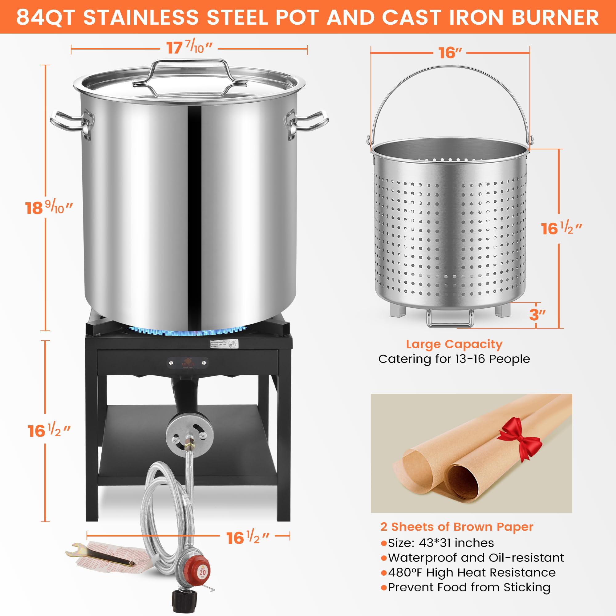 ARC 84QT Stainless Steel Seafood Boil Pot with 200,000BTU Propane Fryer - Large Crawfish & Shrimp Boiler for Outdoor Cooking, Steaming, and Backyard Parties - No Assembly Required