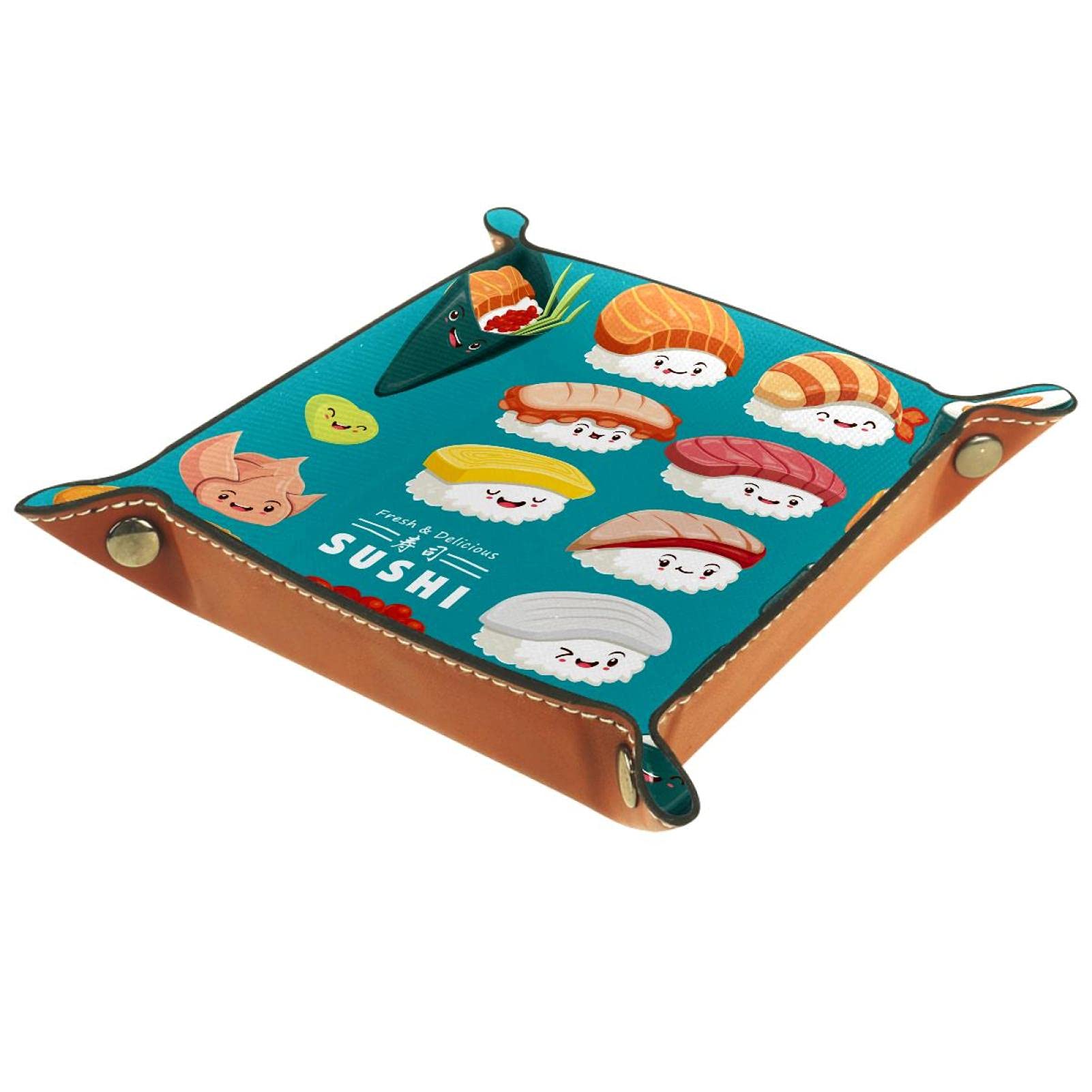 Premium Genuine Leather Valet Tray Organizer - Japanese Style Sushi Blue Desktop Catchall Box for Wallets, Watches, Keys & Phones - Perfect for Nightstand, Dresser, Office & Travel Accessory Storage