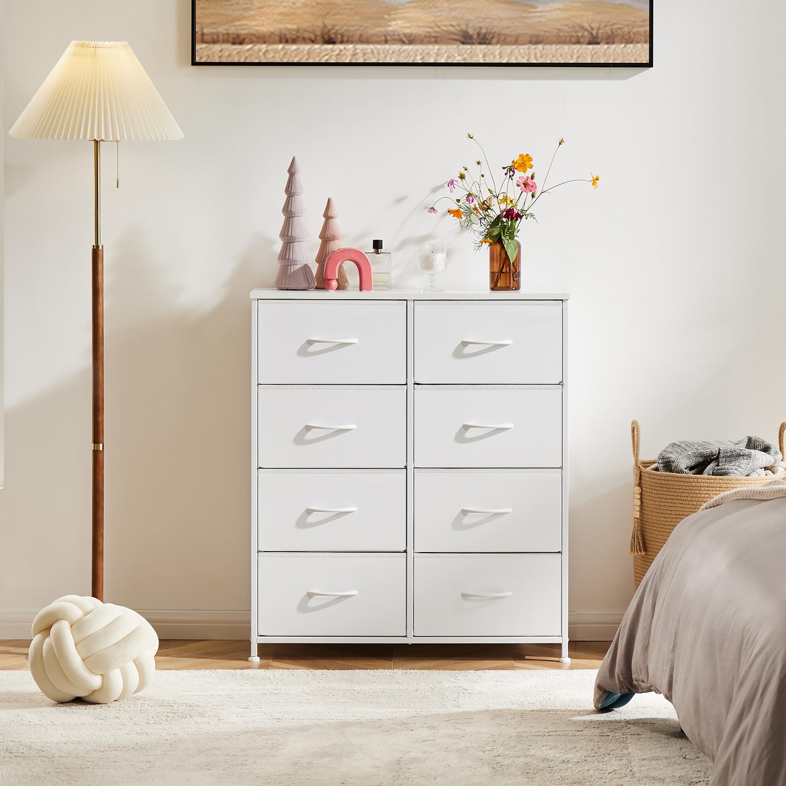 DUMOS 8-Drawer Fabric Dresser for Bedroom - Tall Clothing Storage Organizer with Cabinet | Wooden Top & Metal Frame | Lightweight Nursery Furniture for Kids Room & Closet | Perfect for Baby Clothes, Toys & Home Organization (White)