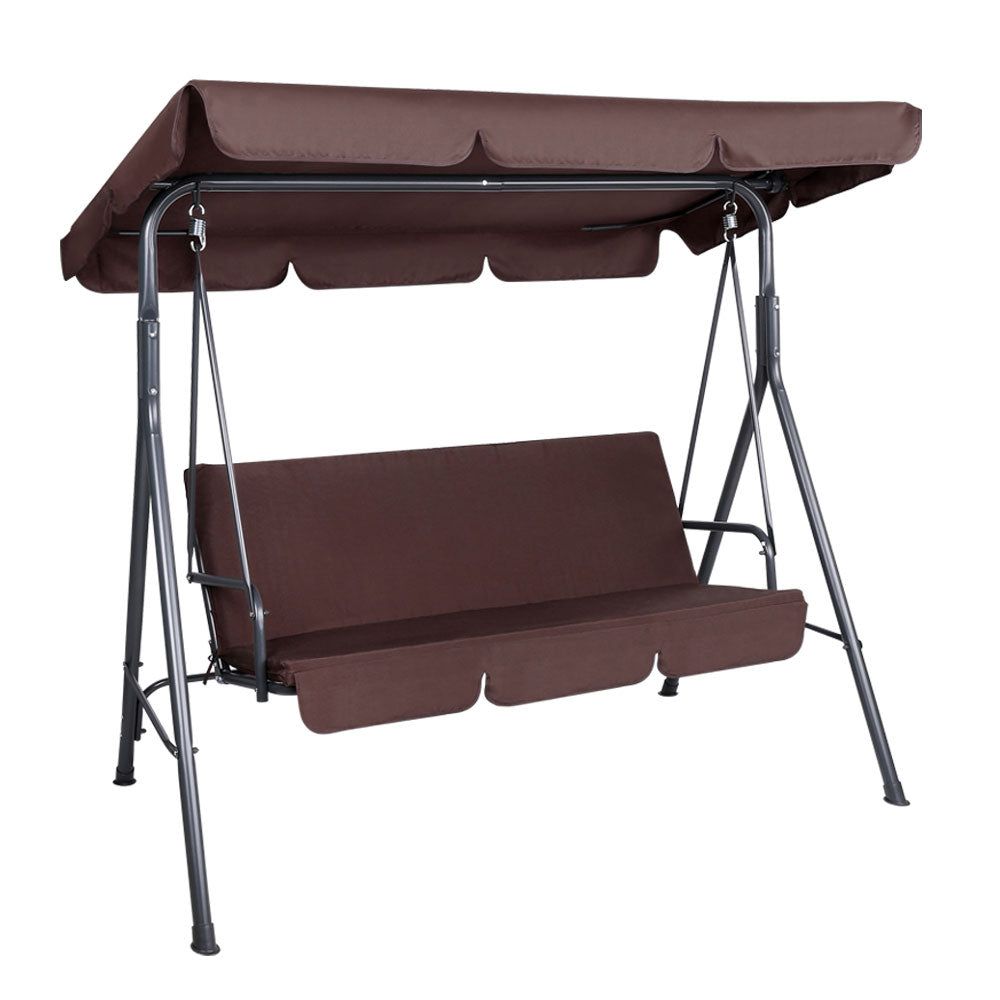 Gardeon 3-Seater Outdoor Swing Chair with Canopy - Garden Bench Furniture in Brown - Perfect for Patio, Backyard, and Relaxation