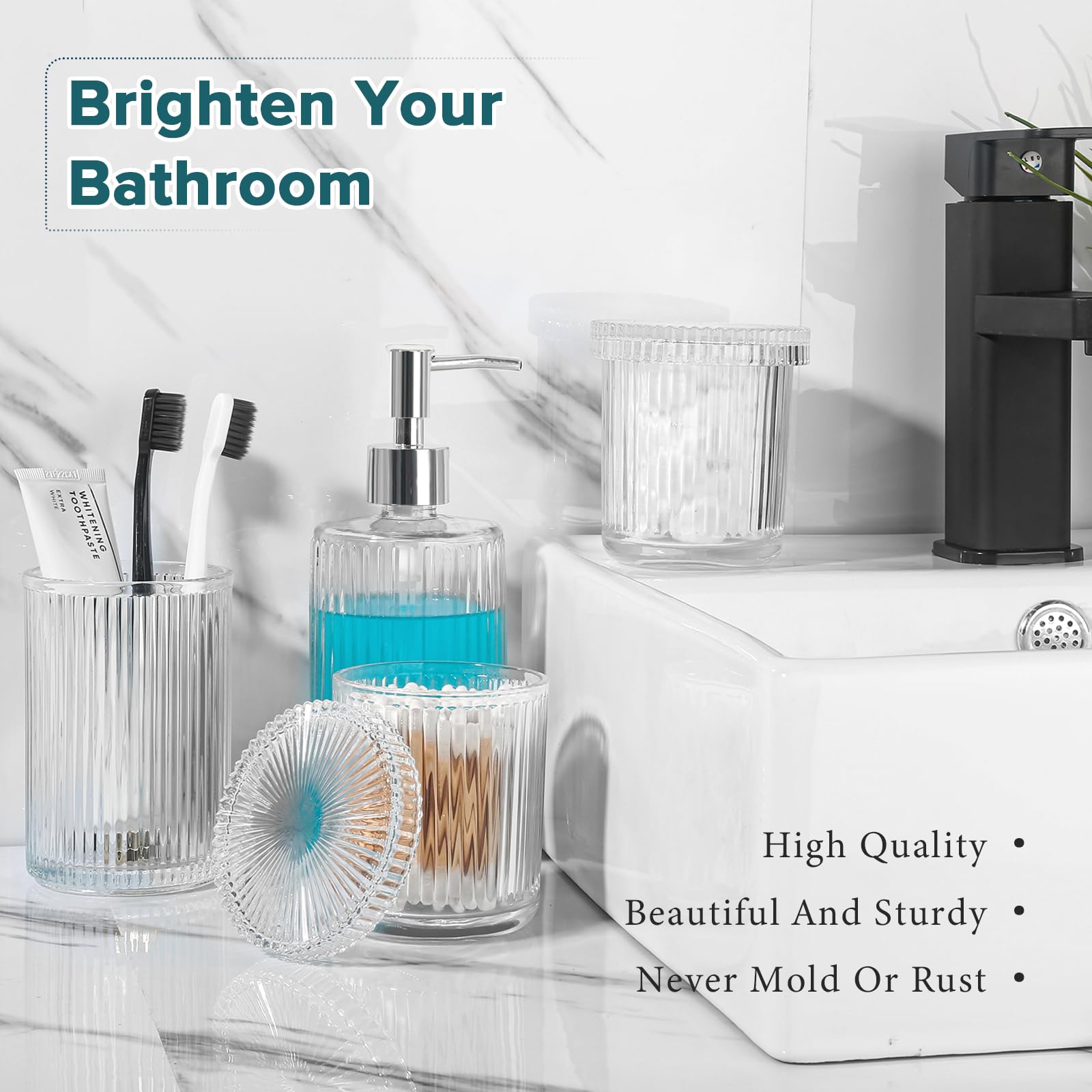 4-Piece Clear Glass Bathroom Accessories Set - Modern Ribbed Soap Dispenser, Toothbrush Holder & 2 Qtips Holders | Sleek Silver Countertop Decor for Bathroom, Vanity & Guest Bath Organization