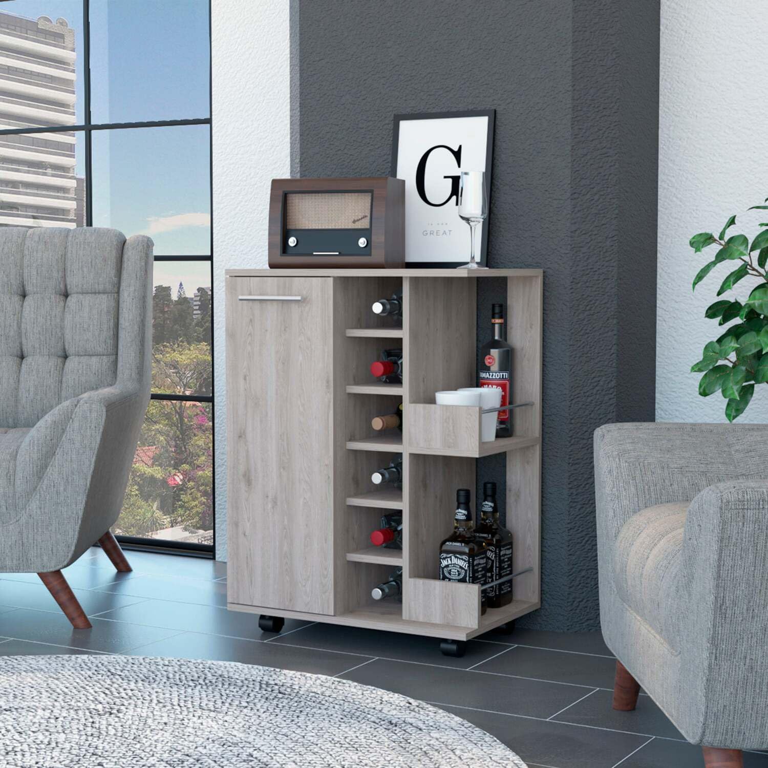 **29-Inch Tall Light Gray Bar Cart with Cabinet, 6 Cubbies & 2 Shelves - Perfect for Home Bar, Kitchen Storage & Living Room Organization**