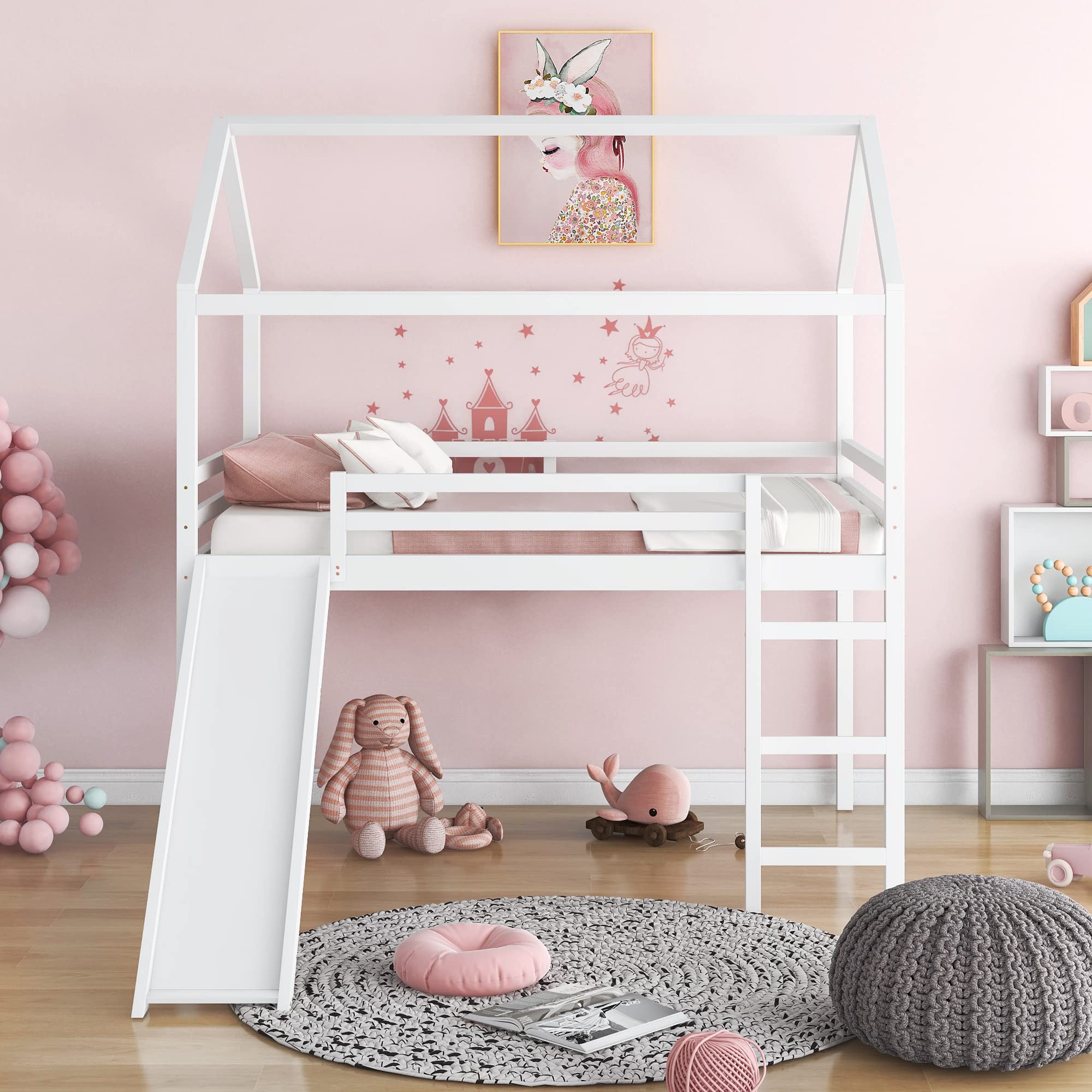 SIYAHOME Full Size Loft Bed with Slide & Safety Rail - Space Saving Kids Bed for Boys & Girls - Built-in Ladder & No Box Spring Needed - Perfect for Small Bedrooms & Playrooms (White)
