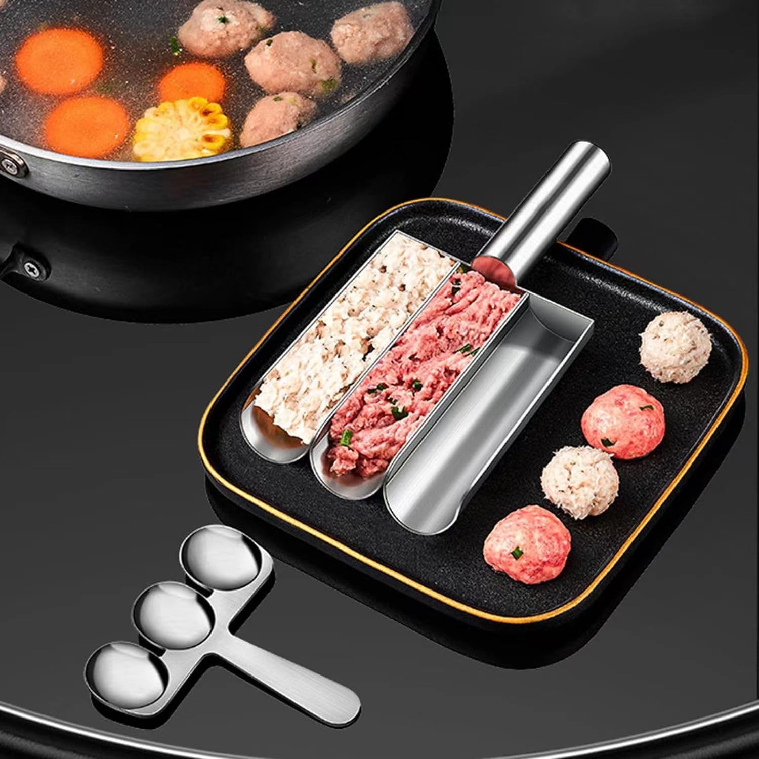 2024 New Stainless Steel Triple Meatball Scoop Maker - Portable Kitchen Tool for Perfect Meatballs, Cookie Dough & More | Ideal for Home Cooking, Meal Prep & Party Food Preparation