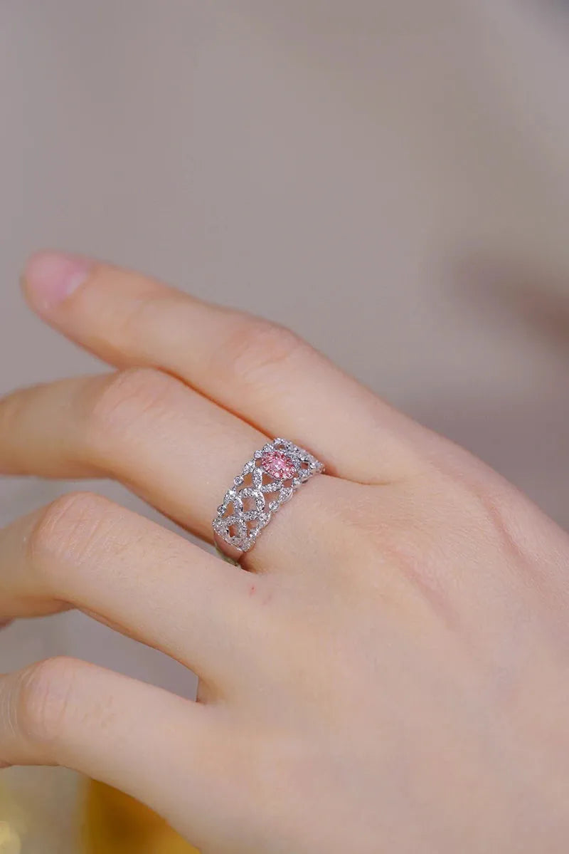 18K White Gold Romantic Hollow Out Lace Engagement Ring with Real Pink Diamond for Women - Perfect for Proposals, Anniversaries & Special Occasions