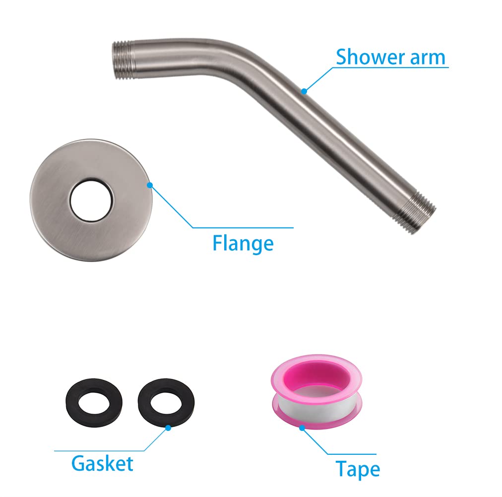 Stainless Steel Shower Head Extension Arm with Flange & Tape - 8 Inch Brushed Nickel Wall Mounted Shower Head Extender for Fixed Shower Heads | Perfect for Bathroom Renovation & Space-Saving Shower Solutions