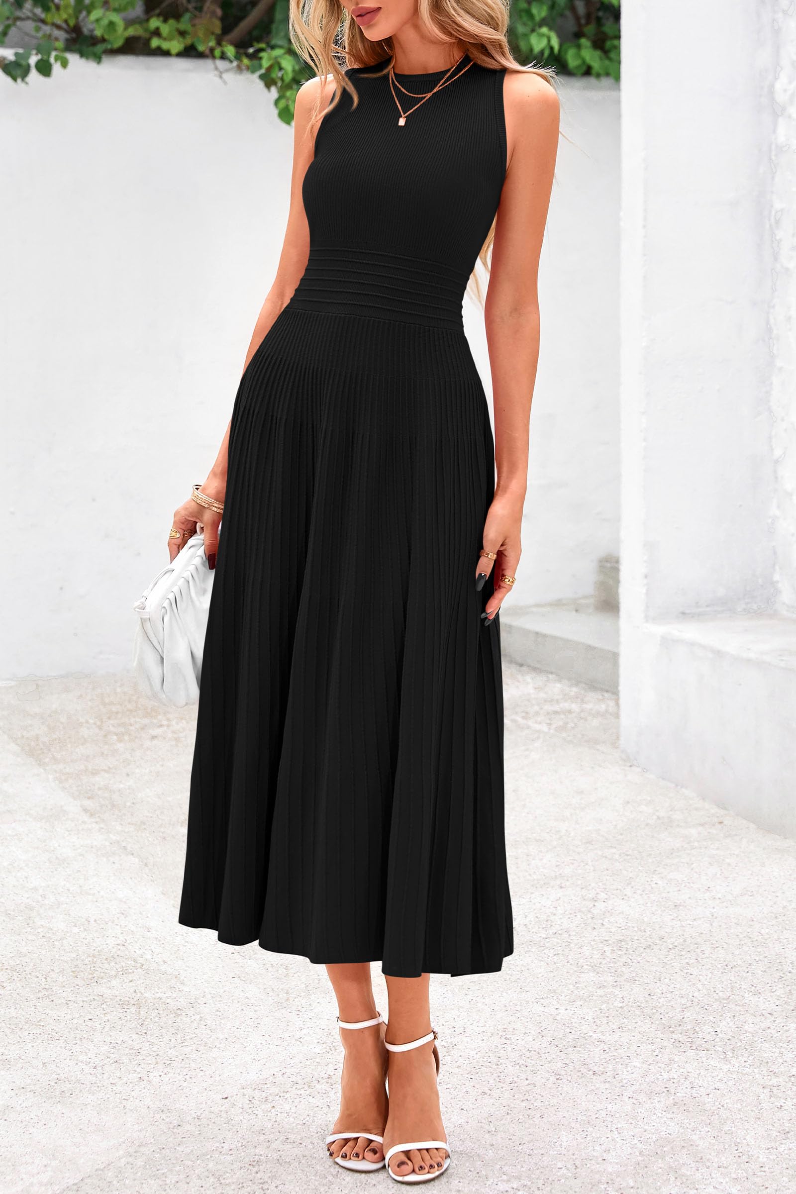 PRETTYGARDEN Women's Spring Summer Casual Business Dress 2025 - Sleeveless A-Line Pleated Midi Cocktail Dress for Work, Office & Party Wear | Perfect for Business Meetings, Cocktail Events & Summer Outings