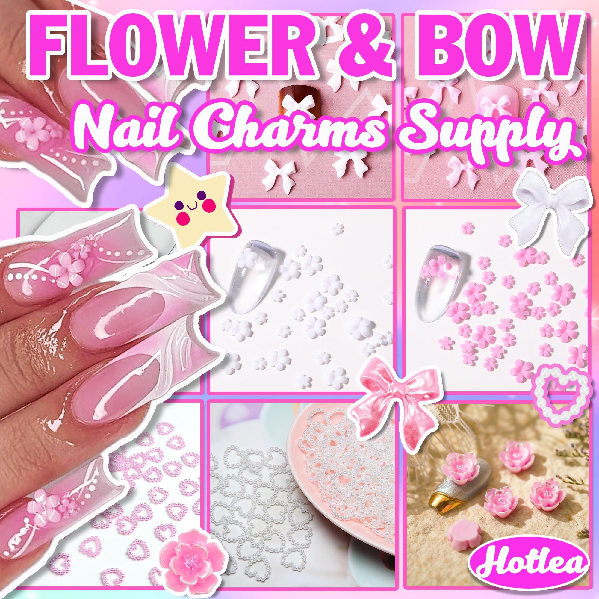 3D Flower Nail Charms Bulk - Pink & White Bow Pearls Charms for Nail Art, Cherry Blossom Butterfly Heart Pearl Nail Gems - Perfect for DIY Nail Design, Salon Manicure, Wedding & Party Nail Decoration