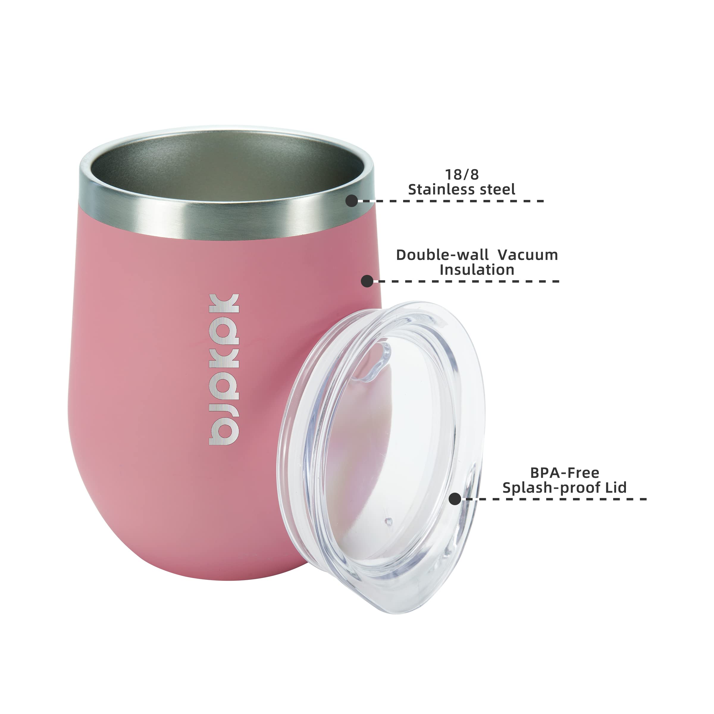 2-Pack 12oz Insulated Stainless Steel Wine Tumblers with Lids - Double Wall Vacuum Coffee Mugs, Unbreakable Wine Glasses for Hot & Cold Drinks - Perfect for Home, Office, Camping & Picnics (Light Pink)