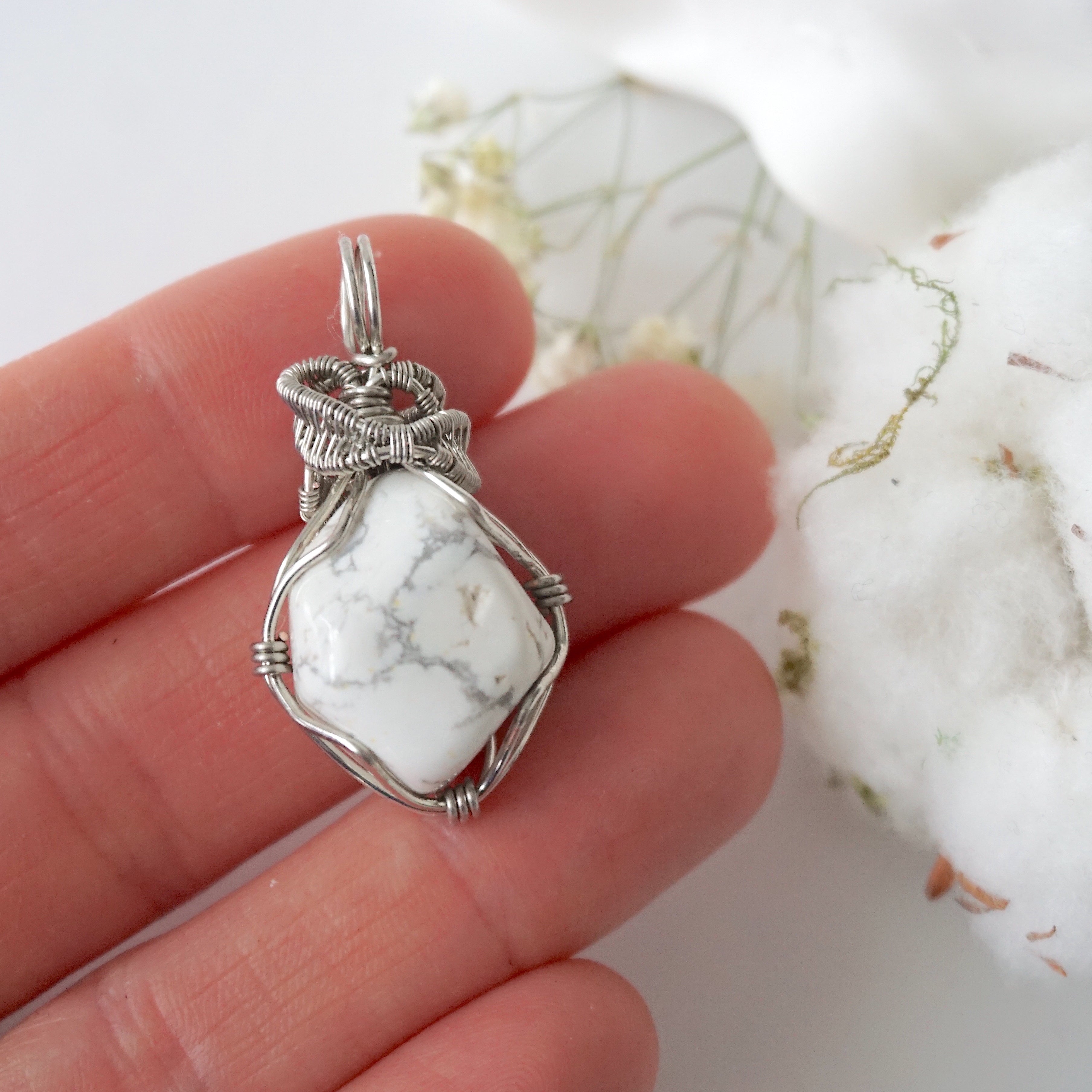 White Howlite Pendant Necklace in White Gold - Elegant Gemstone Jewelry for Women, Perfect for Gifts, Weddings & Everyday Wear