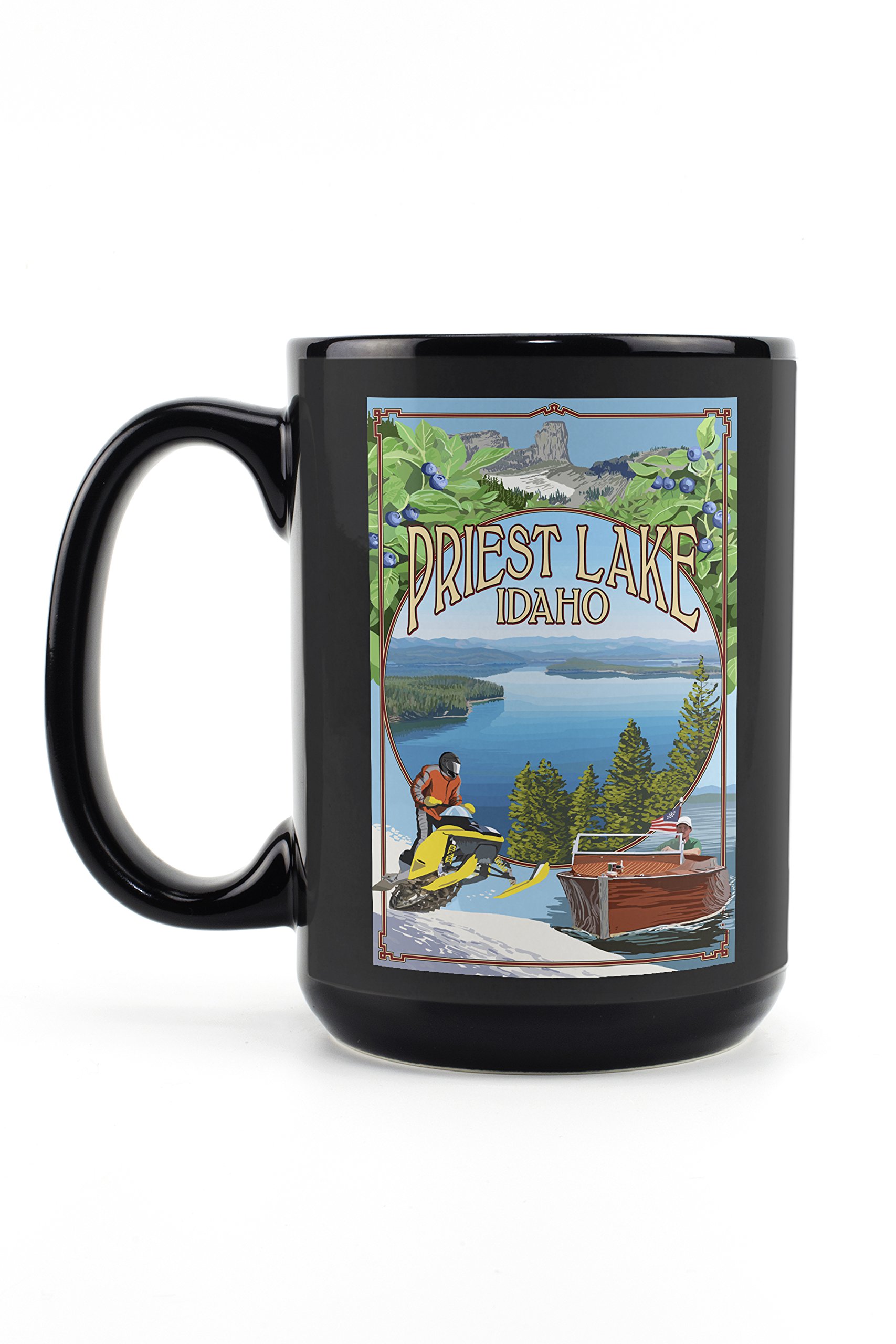 Lantern Press Priest Lake Idaho Montage 15oz Black Ceramic Coffee Mug - Microwave & Dishwasher Safe - Perfect for Home, Office & Camping