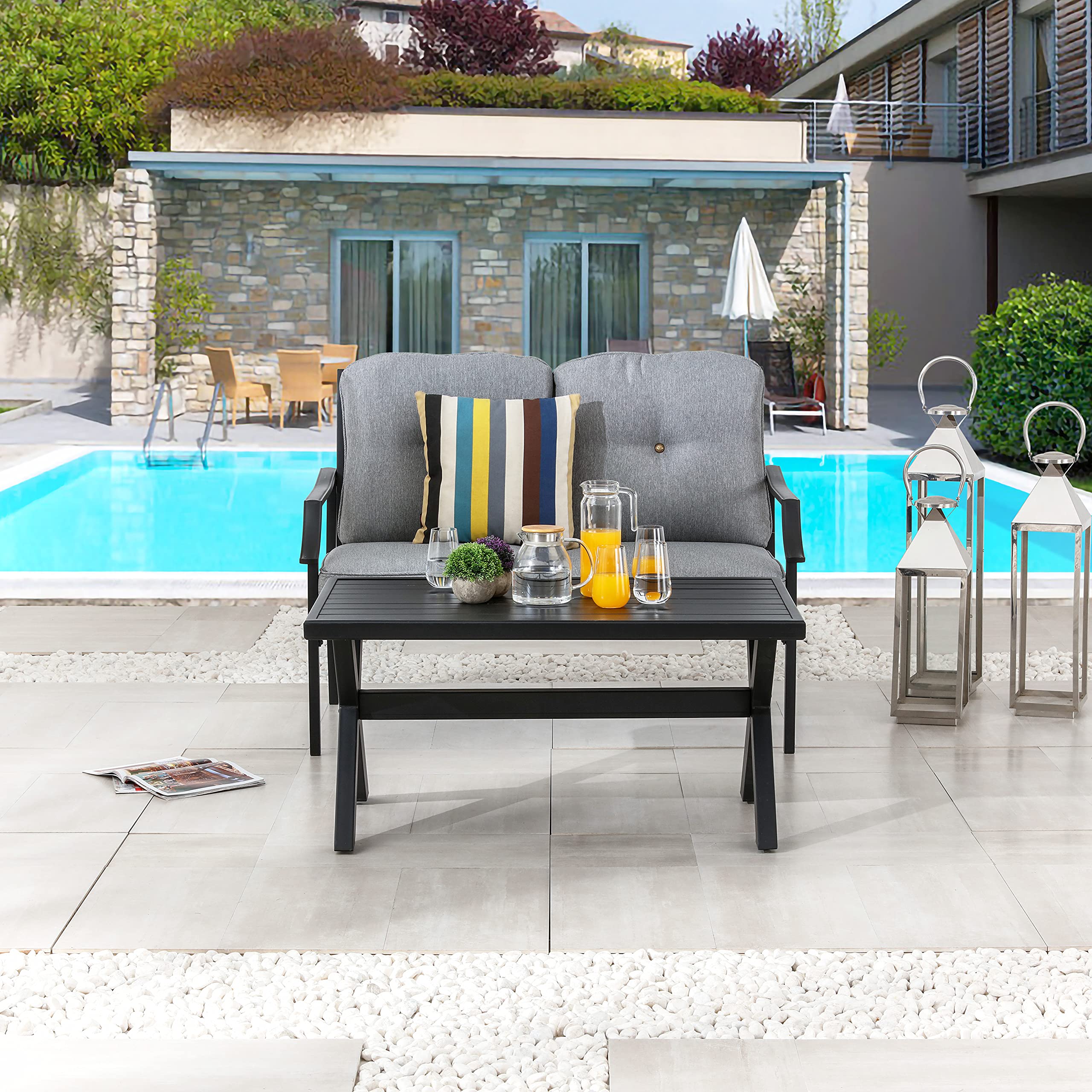 LOKATSE HOME Outdoor Loveseat and Coffee Table Set - 3-Piece Metal Patio Furniture with Cushions for Backyard, Poolside, Garden - Weather-Resistant Grey Conversation Set (Perfect for Relaxing, Entertaining Guests, and Outdoor Dining)