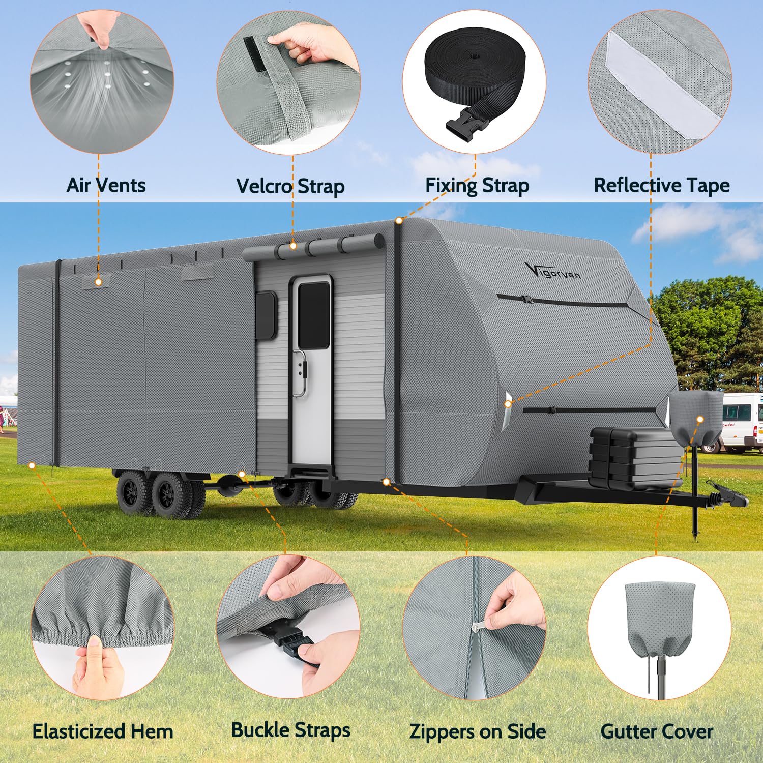 Vigorvan Upgraded 7-Layer RV Cover - Windproof Camper Cover for 27-30FT Travel Trailers & Toy Haulers | Includes Tongue Jack Cover, Extra Windproof Ropes & Gutter Covers | Perfect for Outdoor Storage & Winter Protection