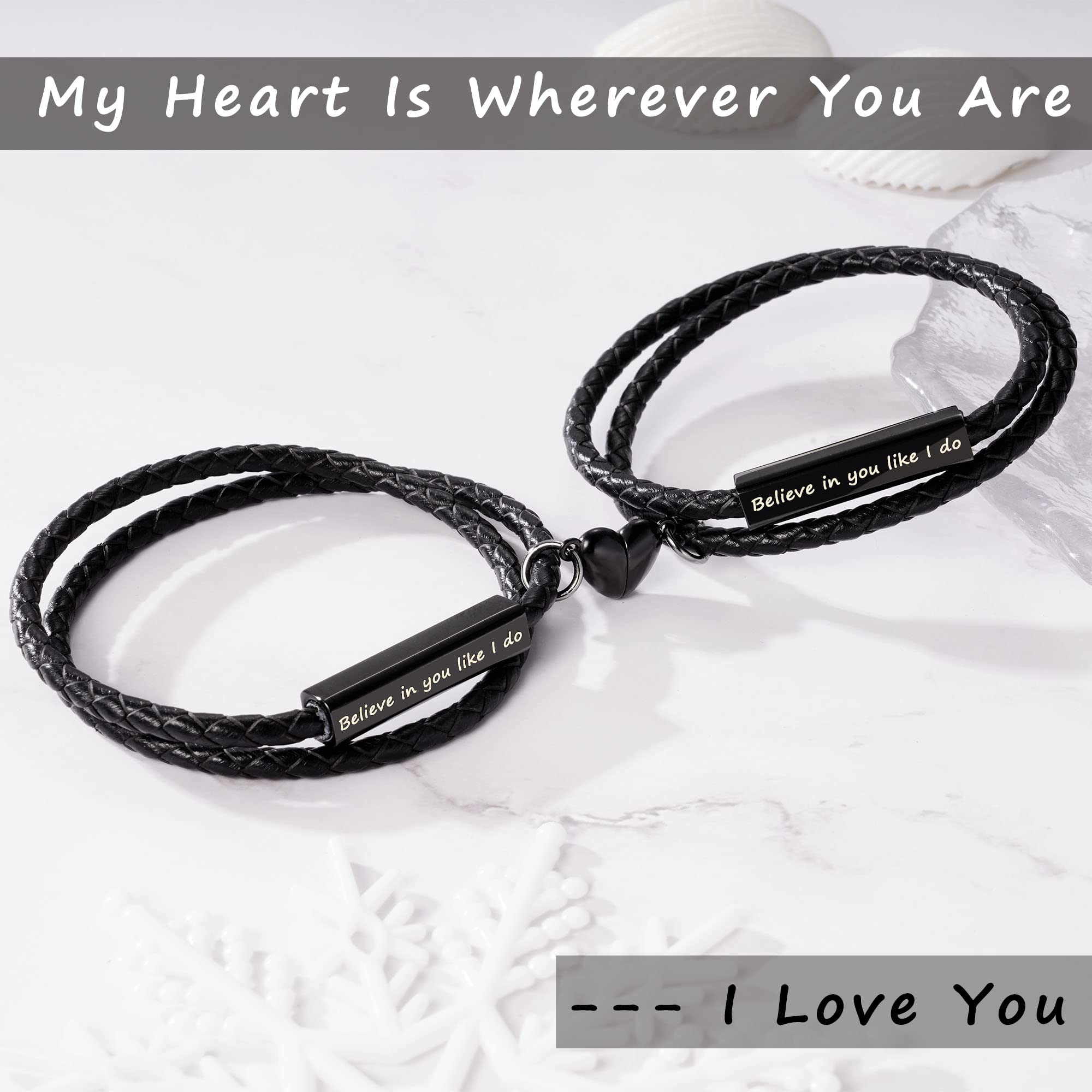 Personalized Couple Bracelets for Women & Men - Matching Engraved Leather Promise Bracelets Set of 2 - Romantic Anniversary, Birthday, Christmas Gift for Boyfriend & Girlfriend - Perfect for Weddings, Valentine's Day & Couple Moments