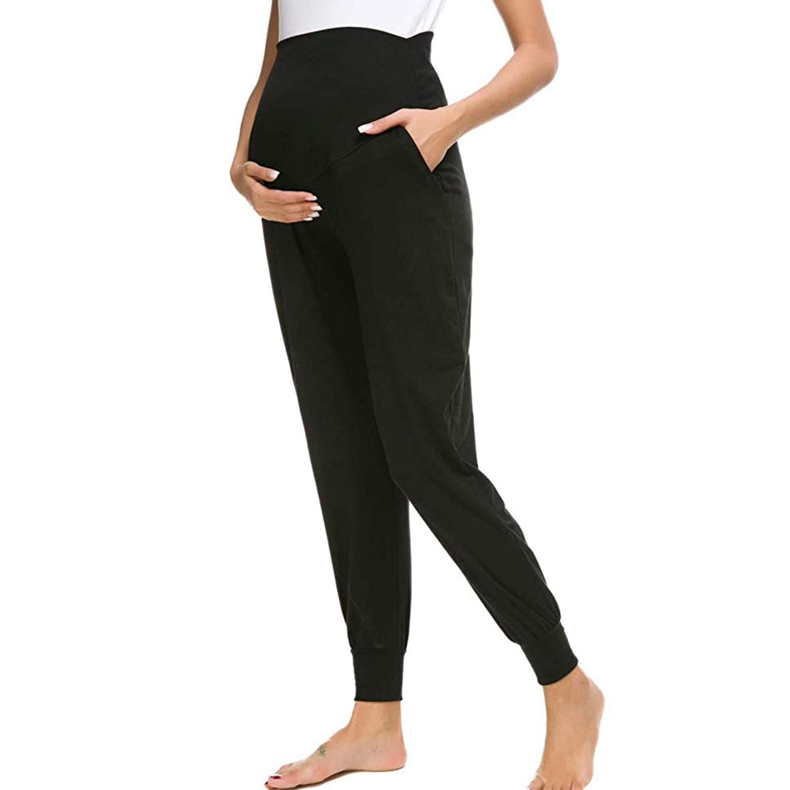 Comfortable Maternity Yoga Pants for Women - Solid Color with Pockets, Full-Length Coverage | Perfect for Pregnancy, Postpartum & Everyday Wear