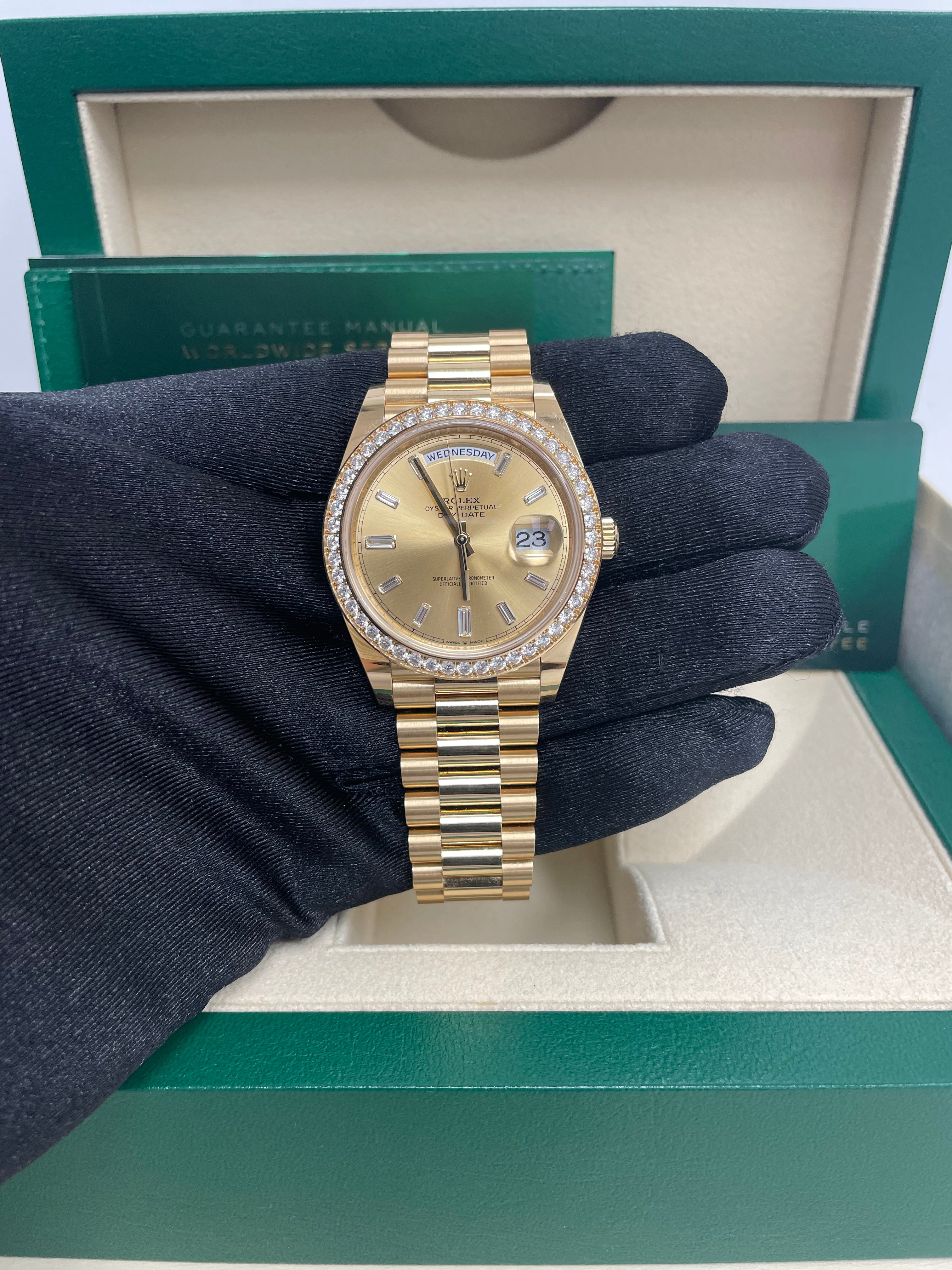 Luxury Rolex Day Date 40 Watch - 18K Yellow Gold, Champagne Baguette Diamond Dial, President Bracelet (Ref# 228348RBR) | Perfect for Formal Events, Business Meetings & Luxury Gift Giving