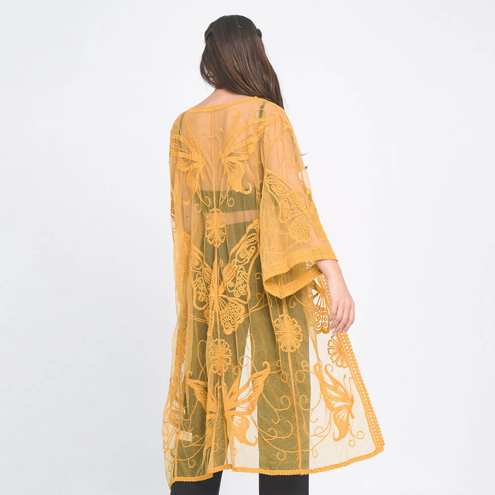 Yellow Mustard Butterfly Lace Kimono Cover Up - Beach Poncho for Women, Summer Boho Chic Swimwear Coverup, Perfect for Poolside, Vacation & Music Festivals