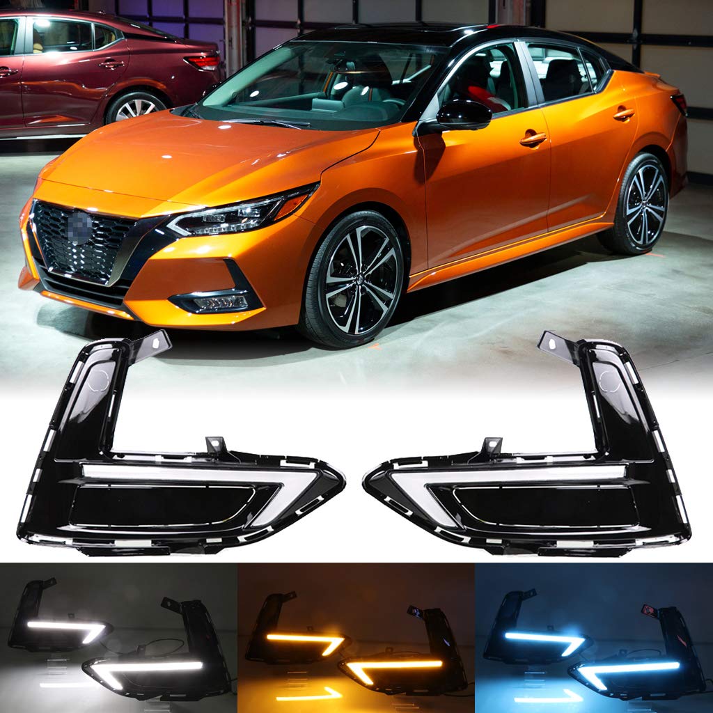 3 Color LED DRL Fog Lights for Nissan Sentra/Sylphy 2019-2022 - Dynamic Sequential Turn Signal, Daytime Running Lights - Upgrade Front Bumper Bezel for Enhanced Visibility & Safety