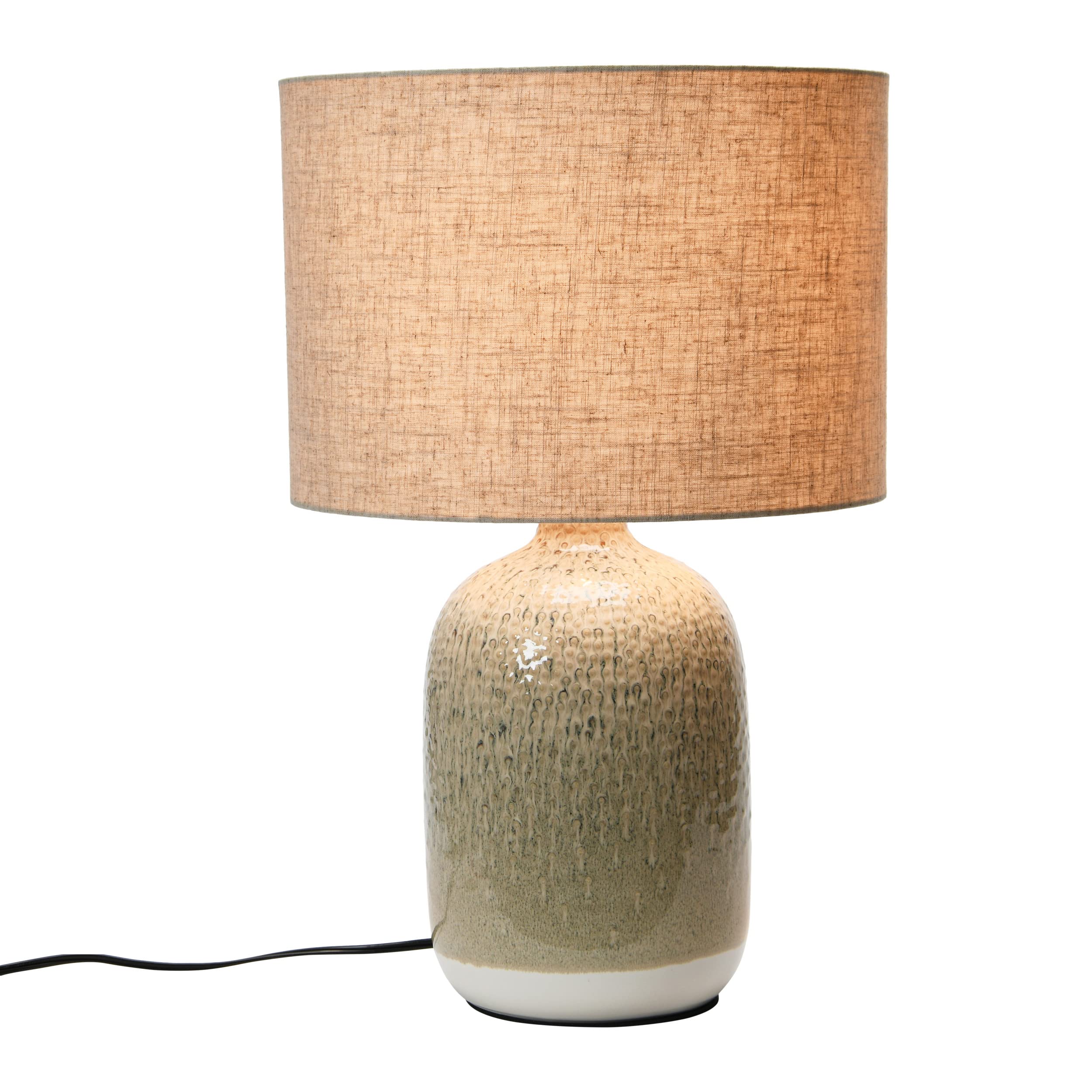 Bloomingville Taupe Stoneware Table Lamp with Linen Shade & Inline Switch - Reactive Glaze Ceramic Lamp for Bedroom, Living Room, Office (AH1747)