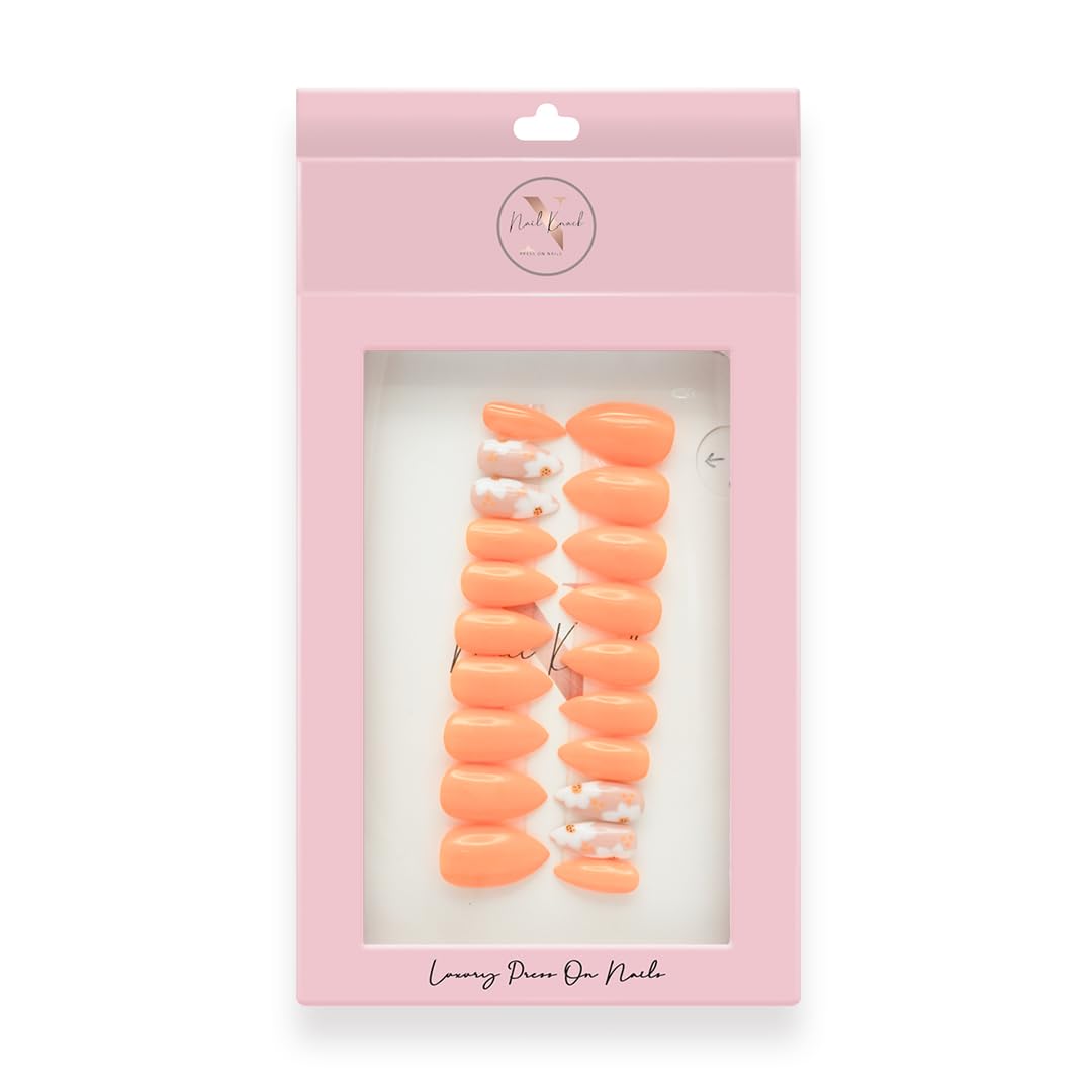 Premium Fake Press-On Nails - Pretty Orange Fall Flower Design, Set of 20 Reusable Full Coverage Nail Tips with UV Gel Polish Coating | Easy to Apply, Affordable & Time-Saving Artificial Nails for Manicures, Parties, Weddings & Daily Wear | Both Hand Nail Extensions