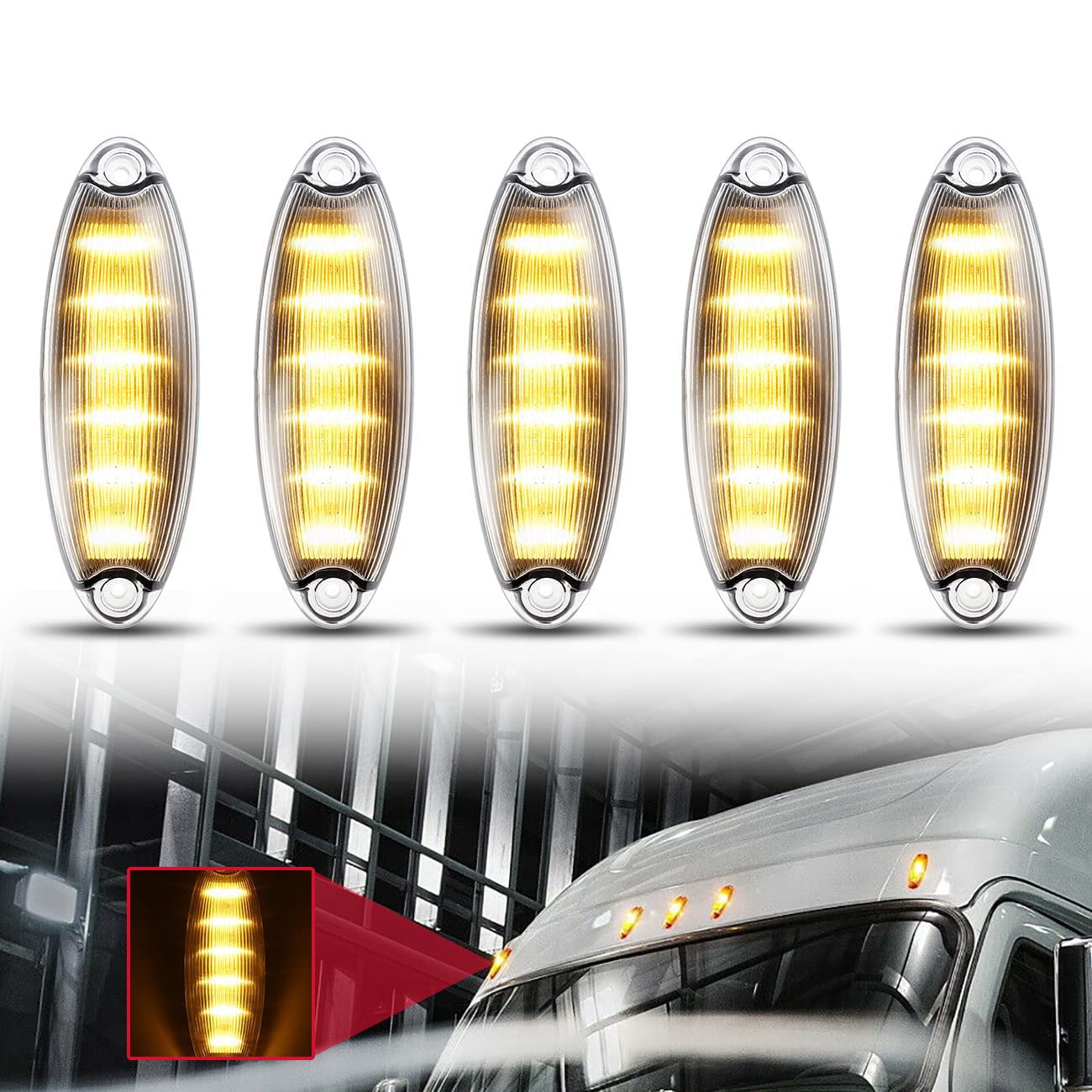 ALAVENTE 5-Pack Universal 12 LED Roof Top Clearance Signal Lights - Amber & White - Fits Freightliner Cascadia, Trucks, Trailers, Tractors, Semi-Trailers & Dump Trucks | Heavy-Duty Vehicle Safety Lighting for Night Driving & Hazard Visibility