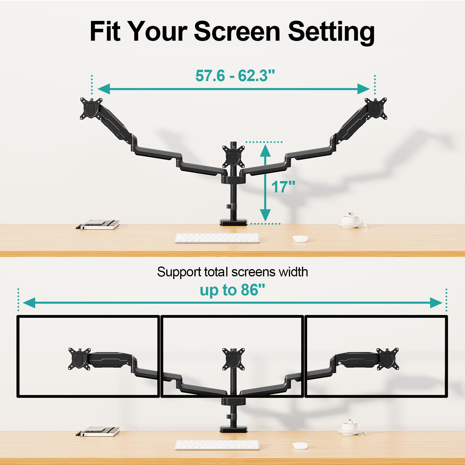 MOUNT PRO Triple Monitor Stand for 3 Screens up to 32 Inch - Heavy Duty Gas Spring Monitor Arm with Full Motion Adjustability (17.6lbs Capacity Each, VESA Compatible, Black) - Perfect for Home Office, Gaming Setup & Multi-Tasking Workspaces