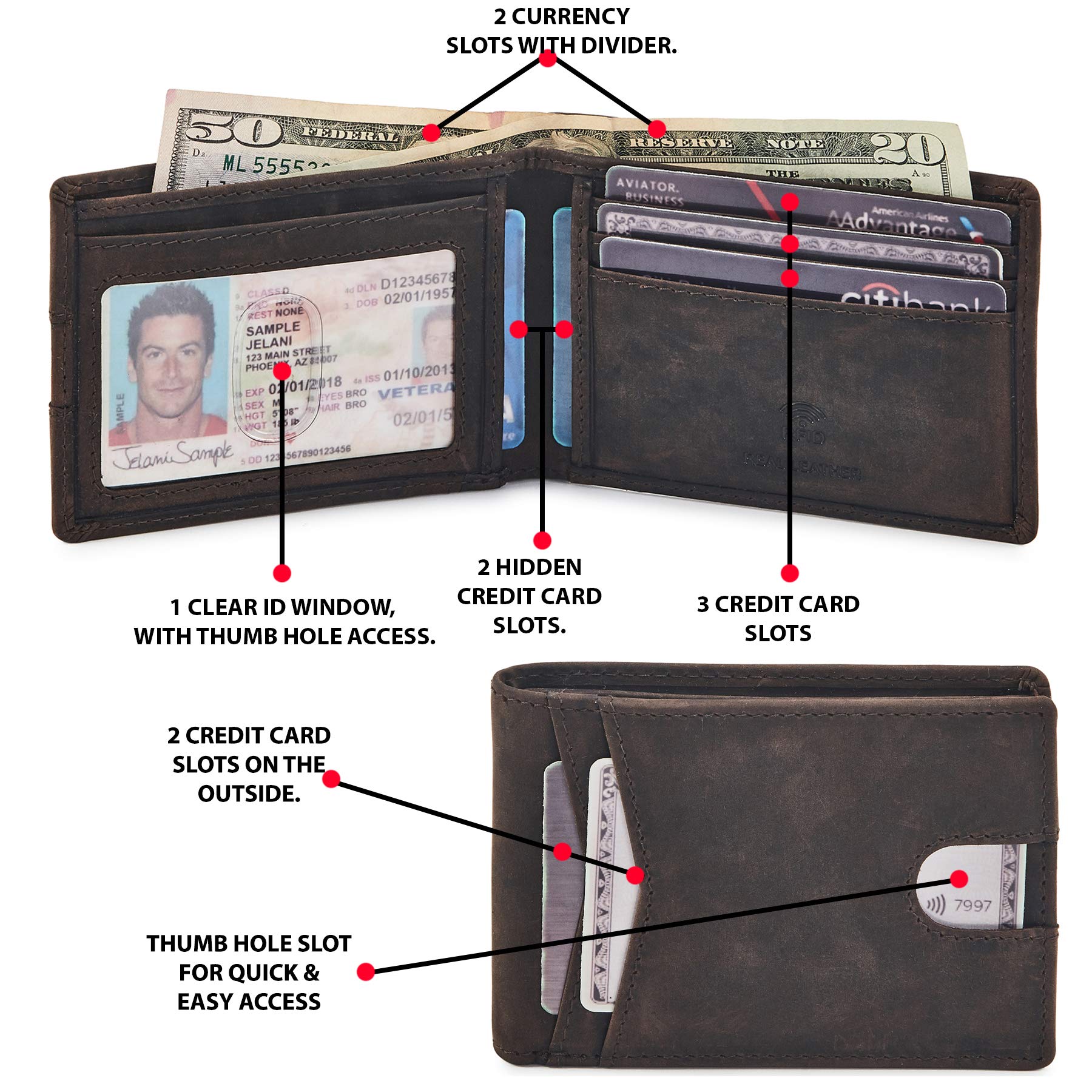 Men's Genuine Leather Bifold RFID Blocking Wallet - Slim Front Pocket Minimalist Design with ID Window - Gift Box Included (Crazy Horse, Coffee) - Perfect for Everyday Carry, Travel & Business Use