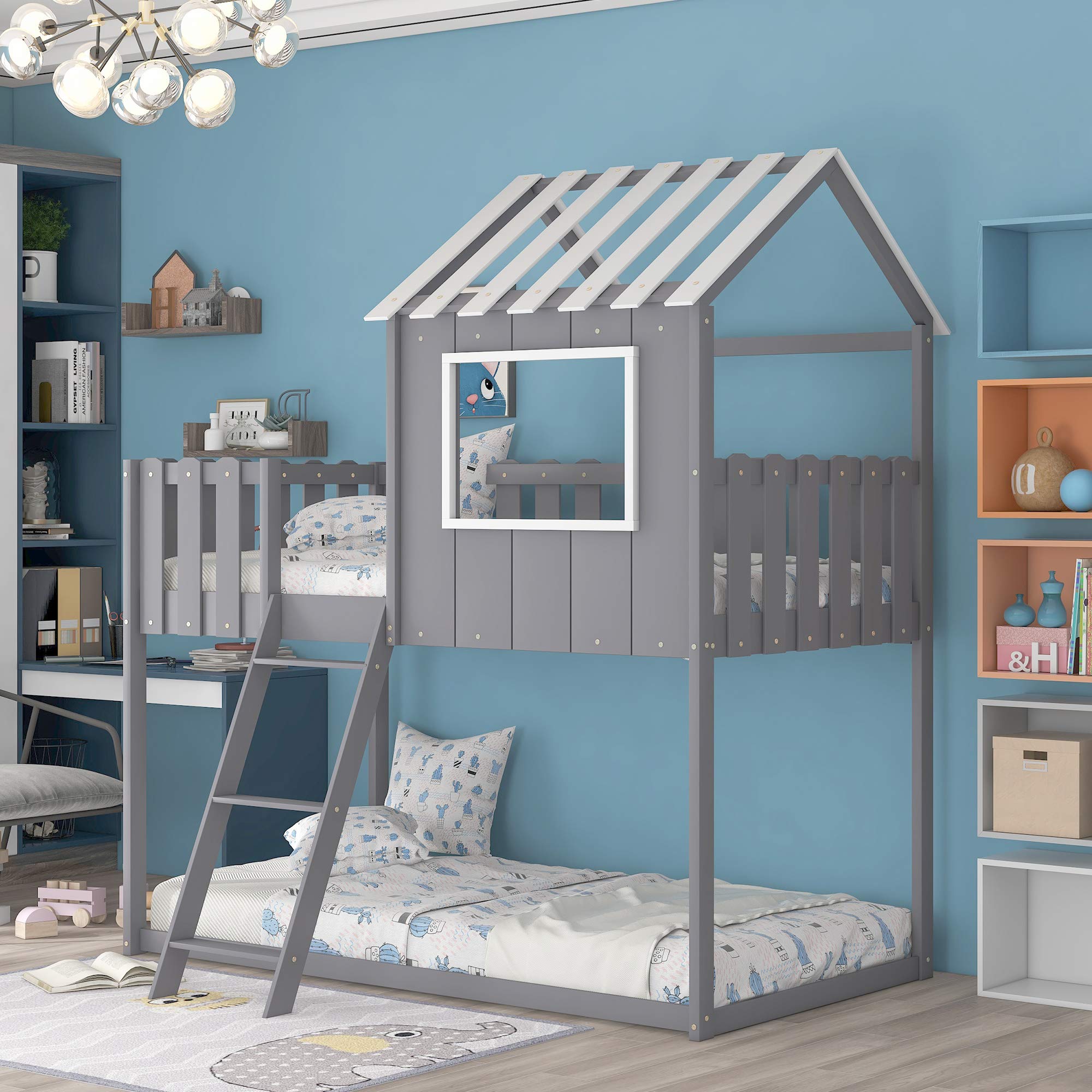 Kteam Twin Over Twin Solid Wood Bunk Bed for Kids - Low Loft Design with Roof & Rustic Fence Guardrail, Grey - Perfect for Small Bedrooms, Shared Kids Rooms & Space-Saving Sleep Solutions
