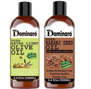Dominaro 100% Pure Natural Extra Light Olive Oil & Karanj Seed Oil Combo Pack - 2 Bottles (200ml Each) for Hair Growth & Scalp Care | Perfect for Daily Hair Massage & Nourishment