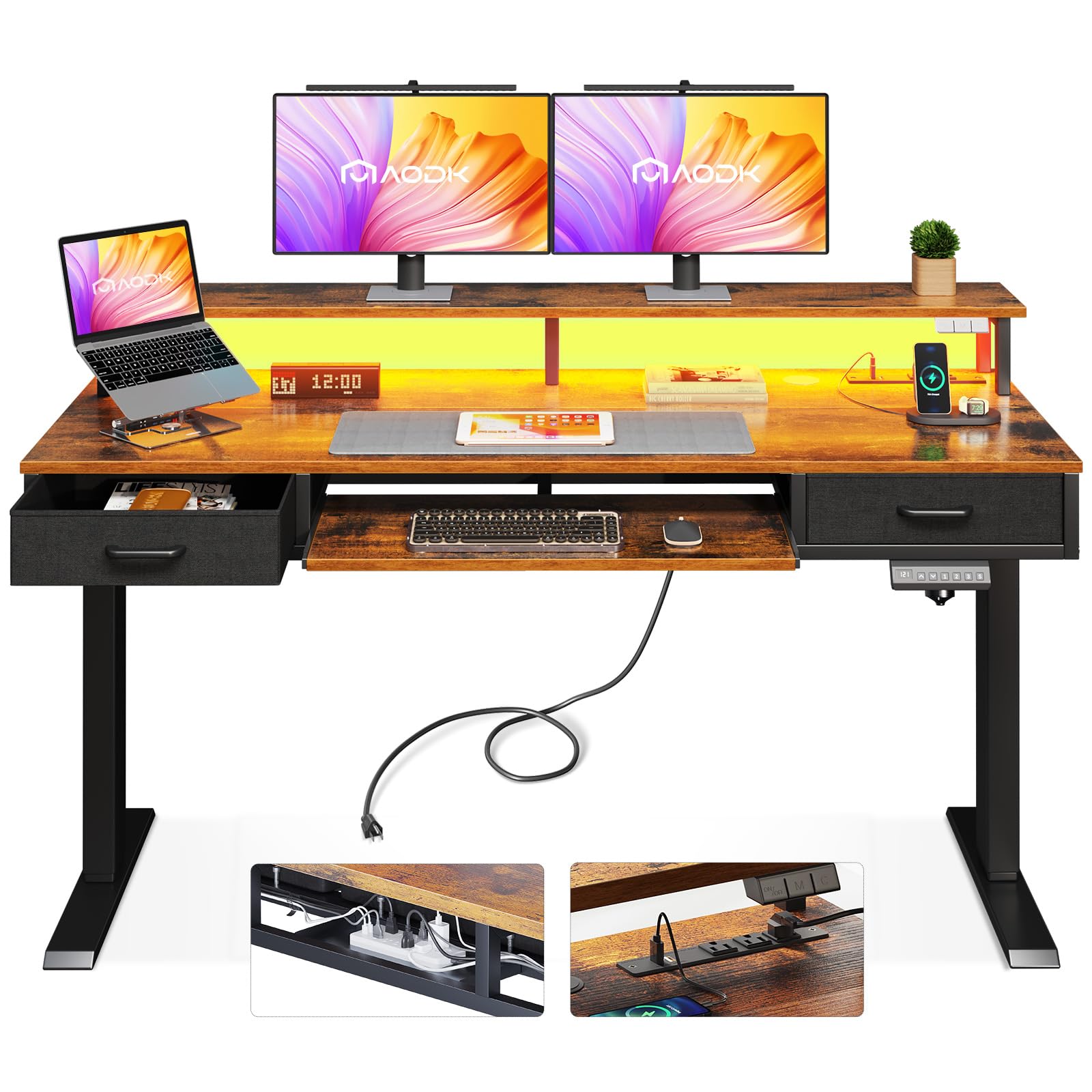 AODK 55 Inch Electric Height Adjustable Standing Desk with Drawers, Keyboard Tray & Power Outlets - Ergonomic Gaming Desk with LED Lights & Monitor Stand for Home Office - Rustic Brown Workspace Solution for Remote Work, Streaming & PC Gaming