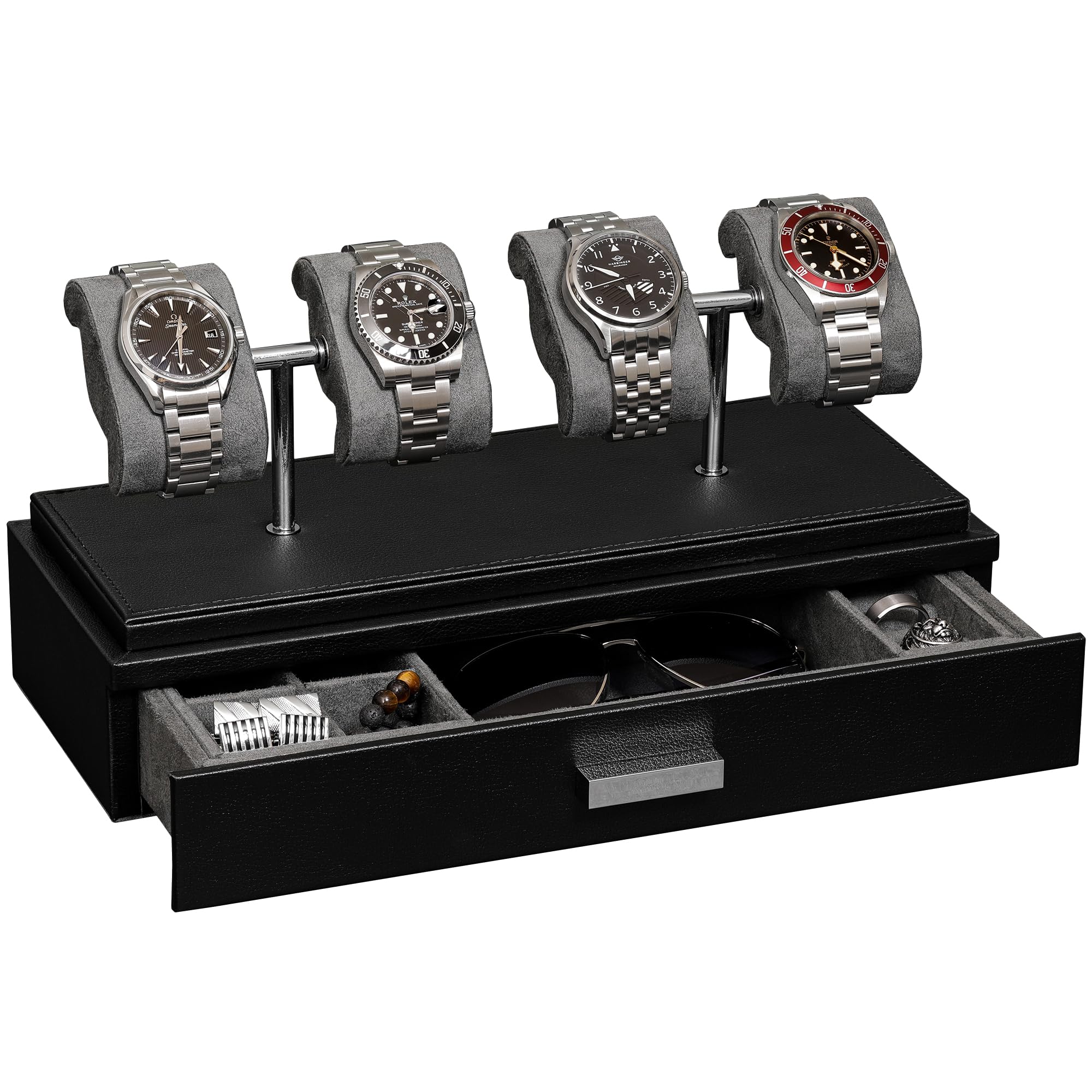 ROTHWELL Luxury Watch Display Case for 4 Watches – Premium Leather Watch Box with Clear Acrylic Cover & Removable Cushions – Multi-Use Accessory Drawer (Black/Grey) – Perfect for Watch Collectors, Gifts & Jewelry Storage