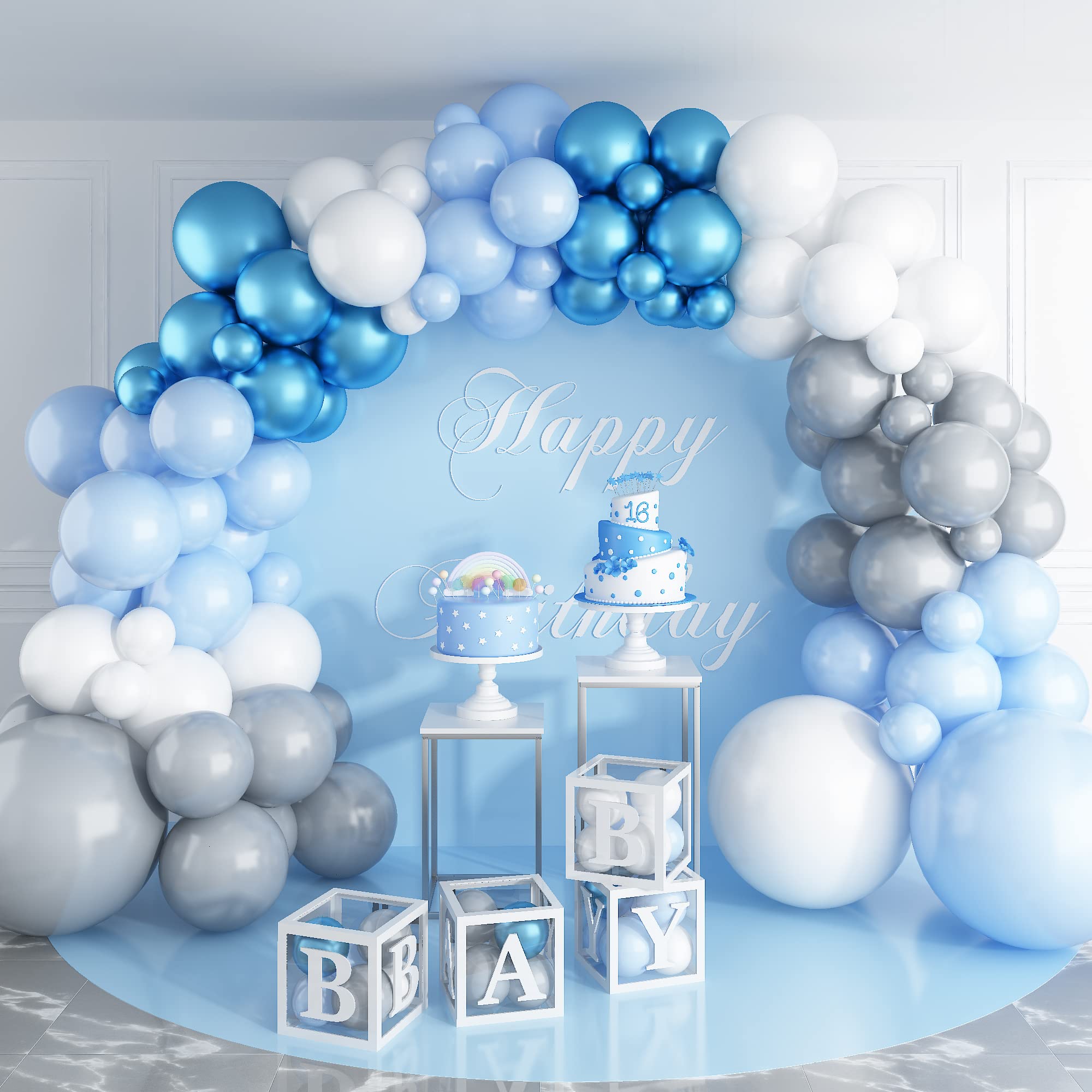 Blue White Metallic Balloon Arch Garland - Silver Grey Pastel Balloons for Birthday Party, Gender Reveal, Baby Shower & Anniversary Decorations | Helium Latex Balloons for Indoor & Outdoor Events