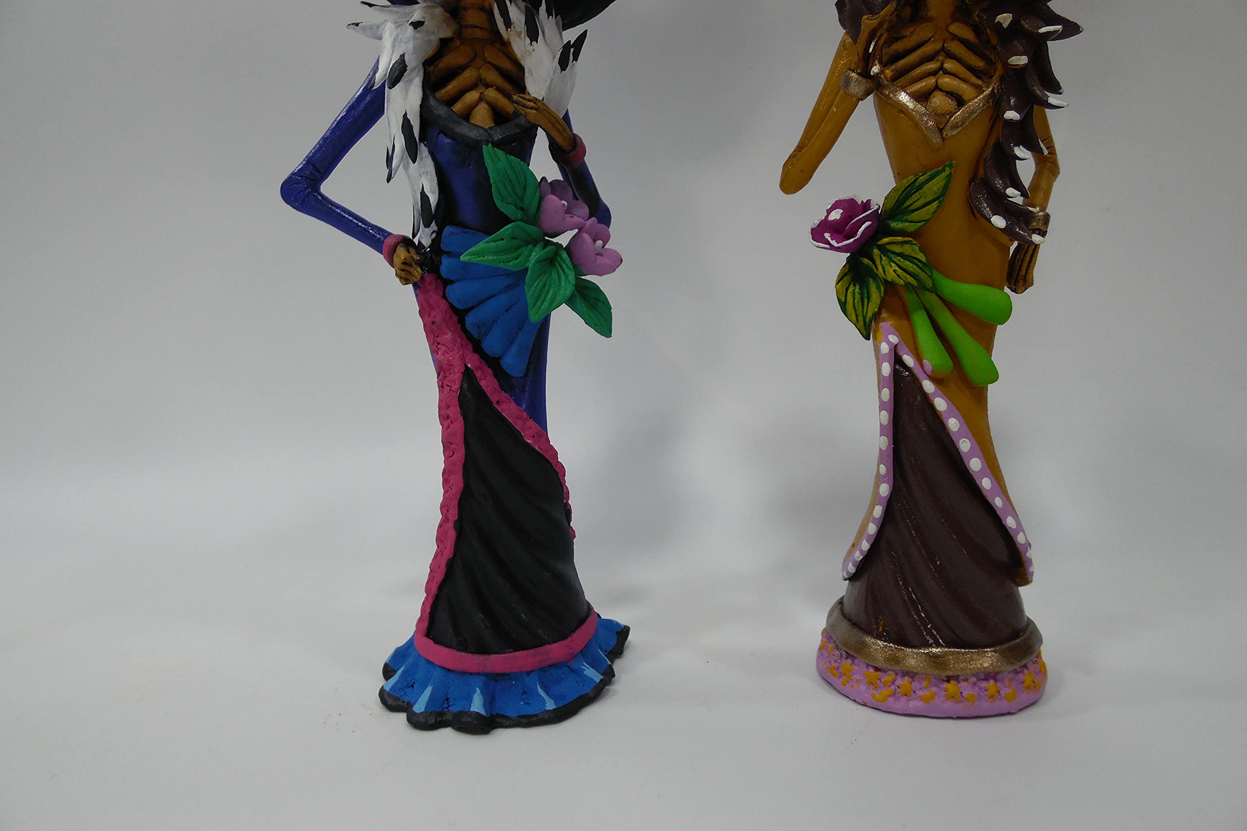 Set of 2 Handmade Mexican Day of the Dead Catrinas - 8 Inch Folk Art Fine Ceramic Decorations for Halloween, Dia de Muertos Altar & Home Decor