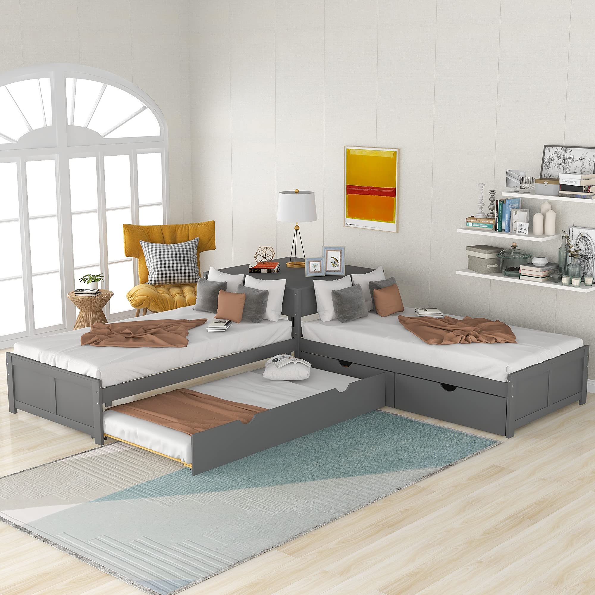 Merax Twin Size L-Shaped Daybed with Trundle - Convertible Storage Platform Bed with 2 Drawers & Built-in Desk - No Box Spring Needed - Perfect for Small Spaces, Dorm Rooms & Guest Bedrooms (Grey)
