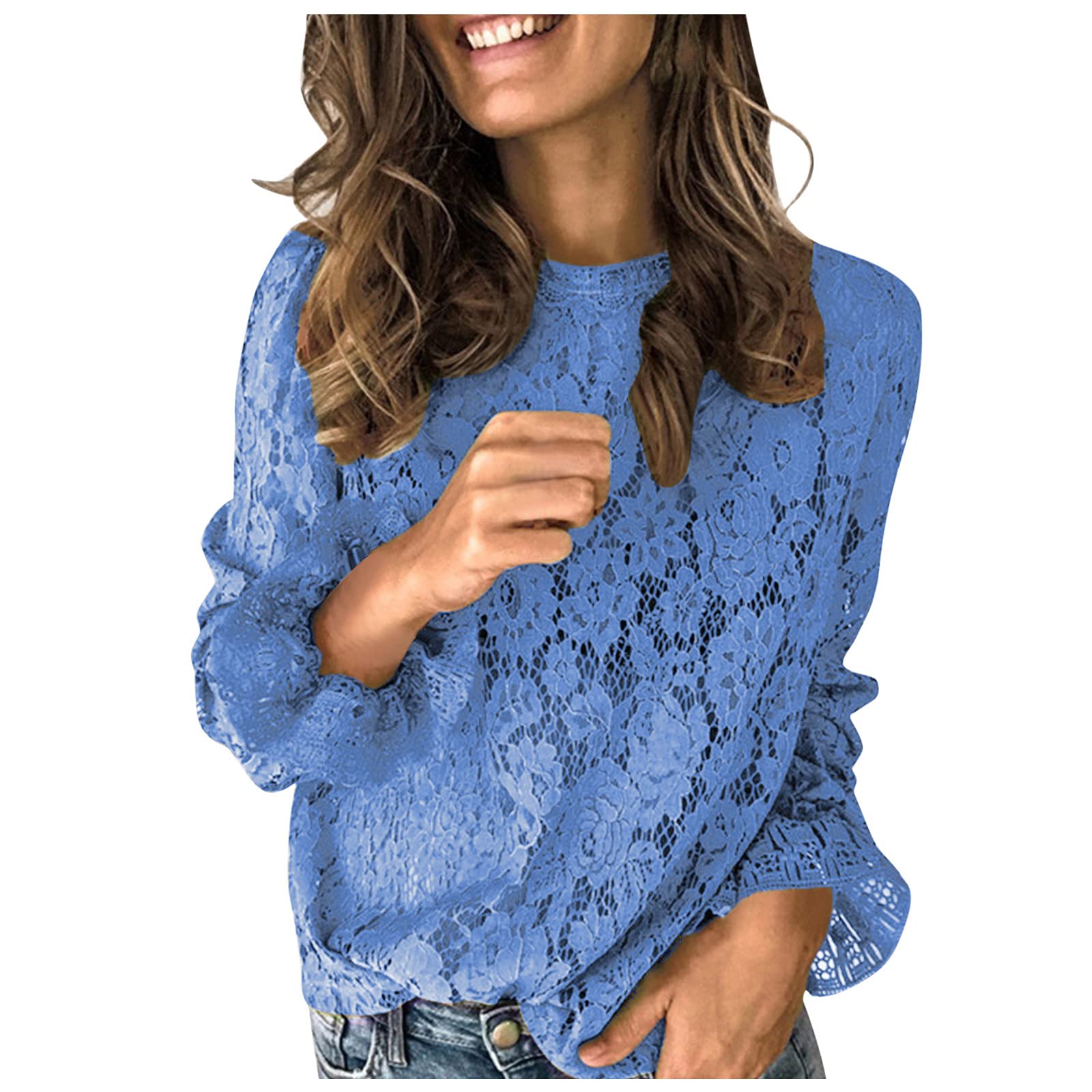 Elegant Hollow-Out Lace O-Neck Blouse for Women - Flowy Long Sleeve Flare Top with Solid Design - Perfect for Office Wear, Date Nights & Special Occasions